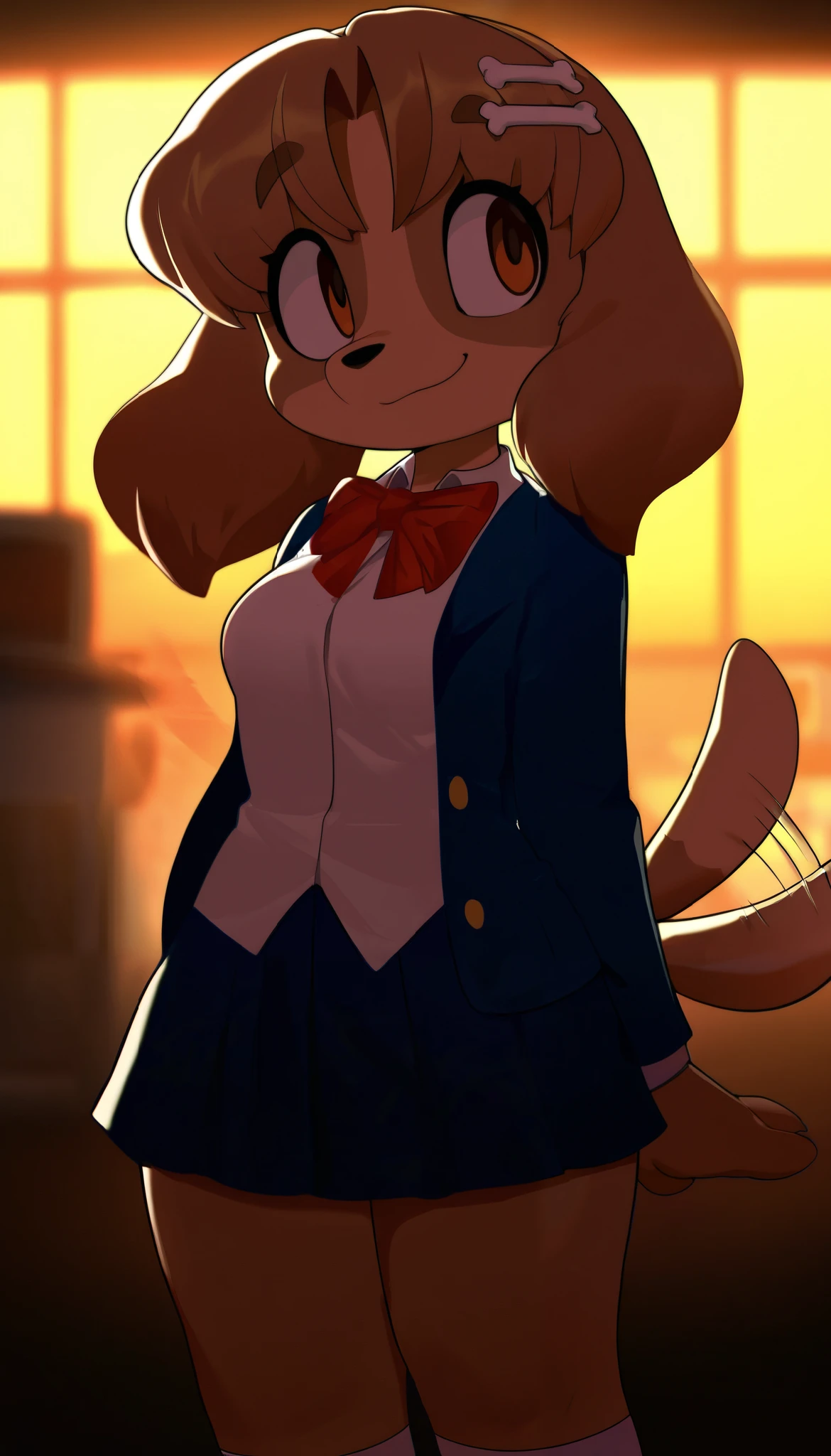1girl, mugi, brown eyes, brown fur, bone hair ornament, tail wagging, furry female, cute eyes, cute smile, closed mouth, medium breasts, (18-year-old girl), school uniform, white socks, blue jacket, white shirt, red bowtie, brown footwear, miniskirt, collared shirt, long sleeves, close-up, upper body, female focus, contrast lighting, side lighting, masterpiece, best quality, newest, absurdres, highres, amazing quality, very aesthetic, classroom setting, standing, score_9, score_8_up, score_7_up, score_6_up, score_5_up, score_4_up