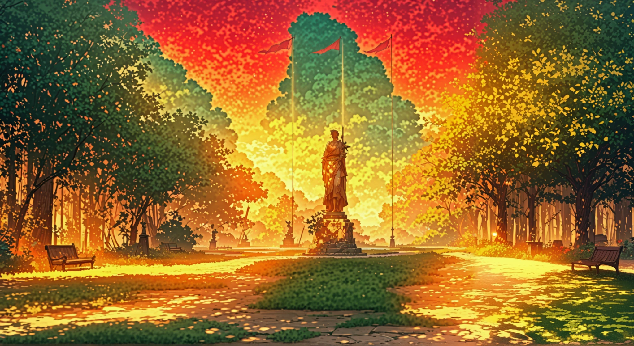 A stunning park in a beautiful anime-style, inspired by Studio Ghibli’s dreamy and vibrant aesthetics. At the heart of the park stands a majestic statue of a historical figure of a man wearing a military uniform on an aged stone pedestal, flanked by three towering flagpoles—one waving a crimson-red flag, the others a gentle green. The surrounding trees are lush and full, their emerald leaves shimmering as sunlight filters through, casting dappled shadows on the smooth, open plaza. Wooden benches line the area, inviting visitors to sit and enjoy the peaceful atmosphere. Above, the sky is an expansive, vivid blue, rich and saturated like a painter's dream, with towering, fluffy white clouds drifting lazily across—their edges glowing warmly under the afternoon sun. The entire scene exudes a magical sense of serenity, with colors that are both pastel-soft and strikingly vibrant, blending warm golden light with deep blues and fresh greens. The dreamlike quality of the image makes it feel as if it belongs in a peaceful, timeless world, filled with wonder and quiet beauty.