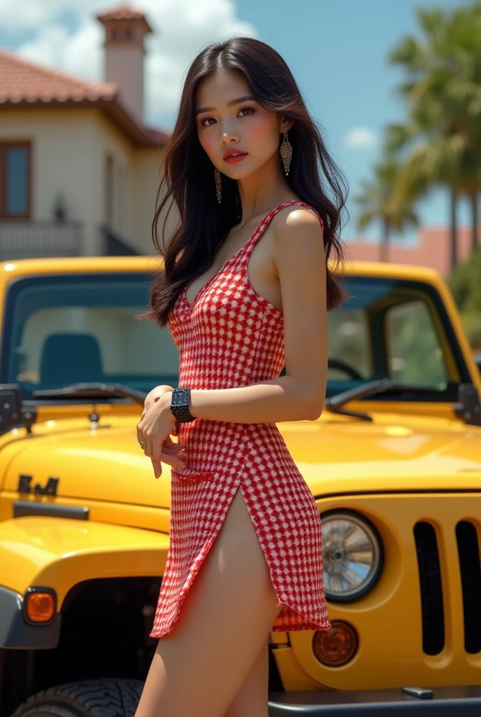 8k, Ultra high resolution, hyper realistic, SOLO, Woman tall body set big breasts, cleavage, tall body, full body shot, wearing a sexy orange button down cotton shirt tied at the bottom, denim shorts, cowgirl boots, outside, at a farm