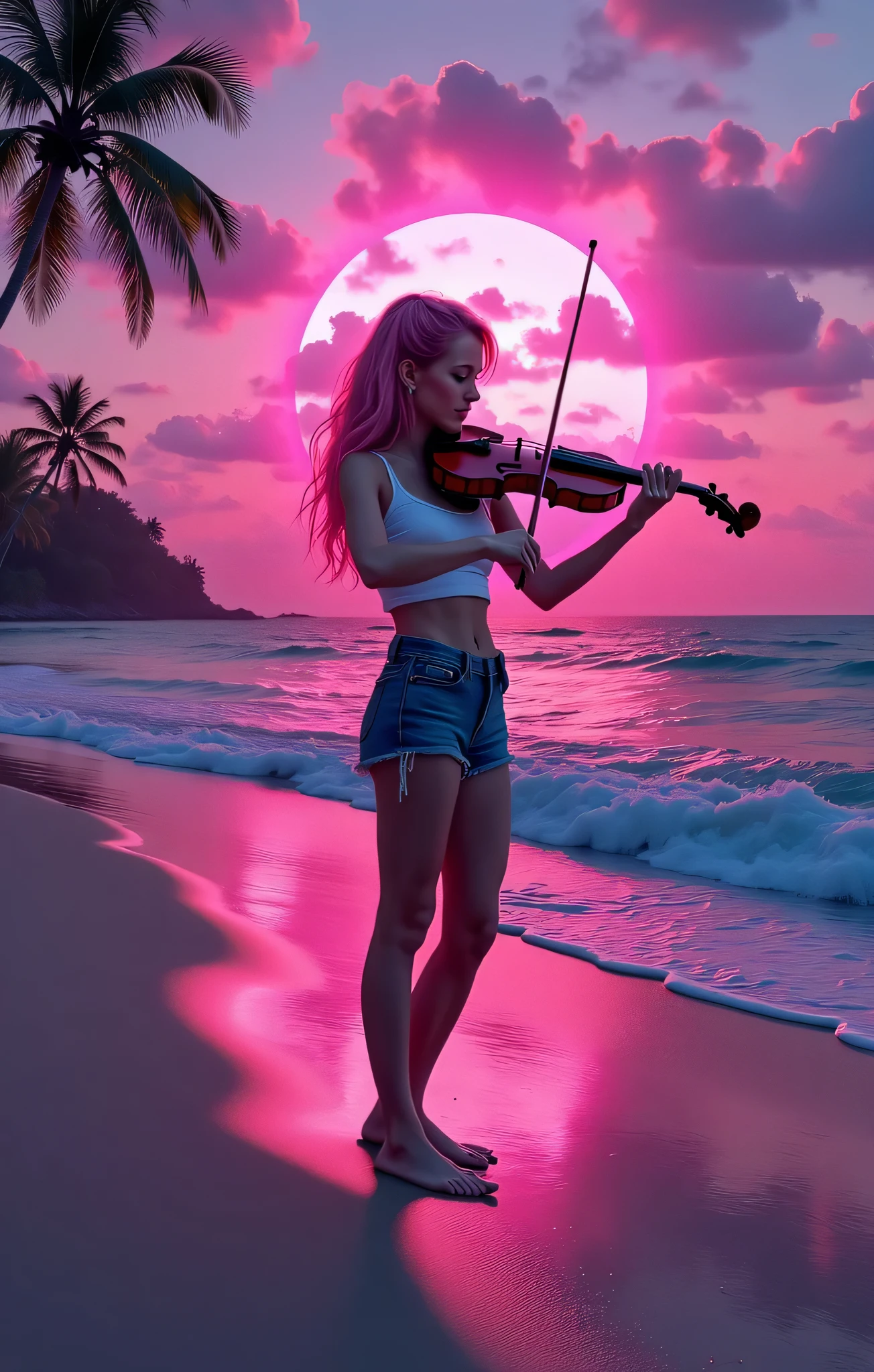 retro_neon ,retro neon , FUTURISTIC BEACH, glowing coastline, neon -lit waves, vivid sunset, pink and purple sky, synthwave aesthetics, nostalgia of the 80s, digital horizon, silhouetted palm trees, electric blue sea, vaporwave atmosphere, softer, glowing sand, neon  reflections on water, distant neon  city skyline, cyber sunset, Ambient light,  relaxing atmosphere , dreamlike landscape, futuristic paradise, warm neon  hues, deep shades of purple and blue,  surreal lighting ,  gentle ocean breeze , Calm, but electric atmosphere, Lindsey Stirling, Lindsey Stirling spielt neon  violin, Lindsey Stirling is playing on the beach, 1 girl, Alone,  high resolution,  sparkle effect , Mädchen spielt Violin , Violin , violin, Sparkling notes, music, magical, Lindsey Striling plays violin, violin, Look in Kamera.