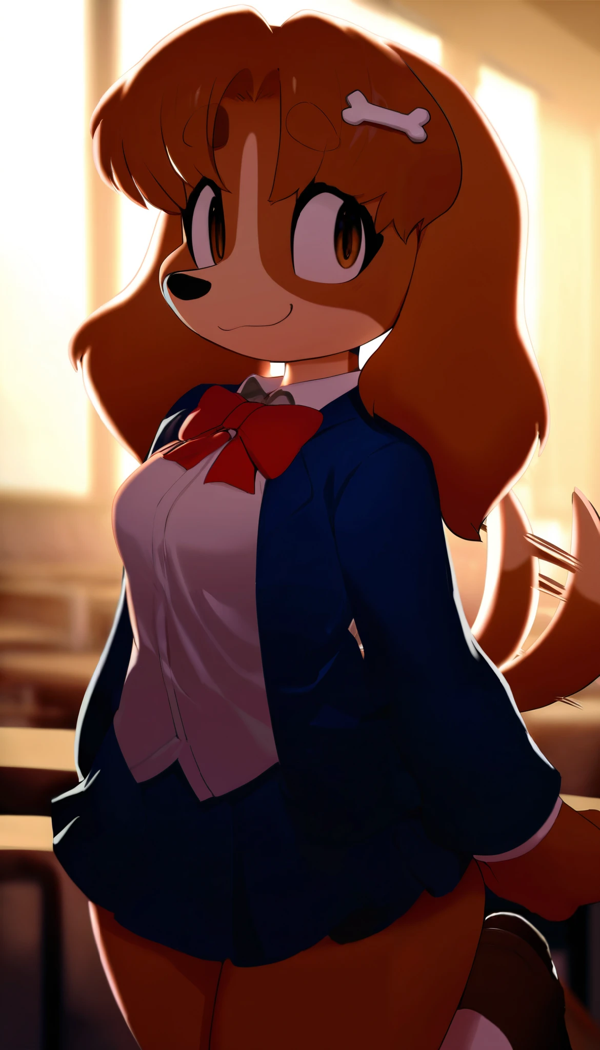 1girl, mugi, brown eyes, brown fur, bone hair ornament, tail wagging, furry female, cute eyes, cute smile, closed mouth, medium breasts, (18-year-old girl), school uniform, white socks, blue jacket, white shirt, red bowtie, brown footwear, miniskirt, collared shirt, long sleeves, close-up, upper body, female focus, contrast lighting, side lighting, masterpiece, best quality, newest, absurdres, highres, amazing quality, very aesthetic, classroom setting, standing, day, score_9, score_8_up, score_7_up, score_6_up, score_5_up, score_4_up