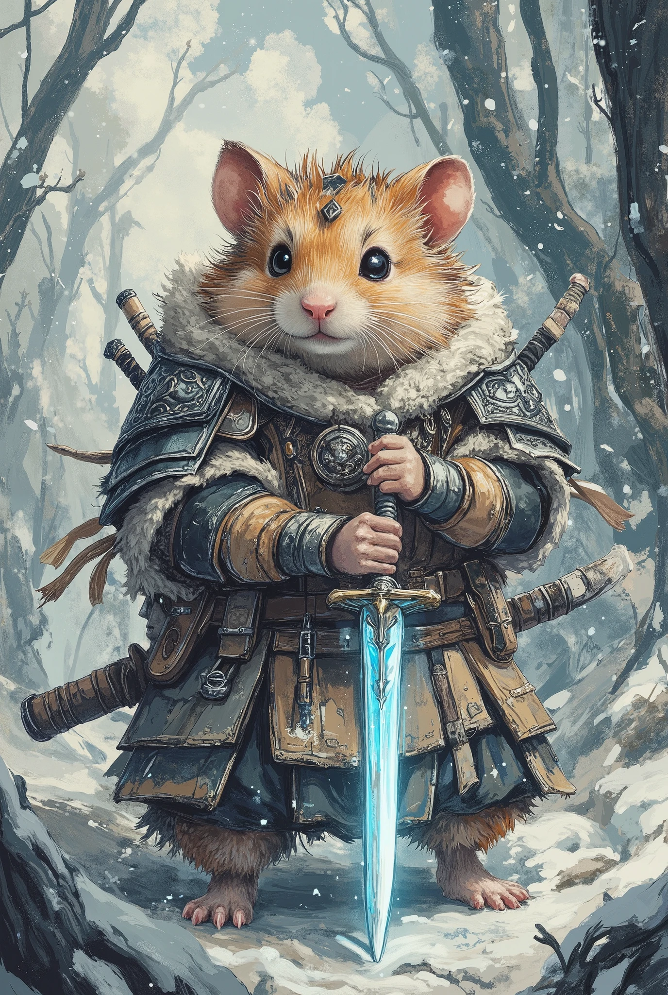 hamster dressed like the dragonborn from skyrim, masterpiece, best quality, Super Detail,an epic,4K,snowy forest , wears fur armor , holding a glowing blue sword, In fantasy art style, cinematic light , ultradetailed, 8k resolution ,((nimmt eine an epice samuraihaltung ein:1.4)),((Both hands on the handle of the sword :1.3)),( beautiful, detailed:1.1) , (complicated, detailed:1.1),( adventurous :1.1) atmosphere, (Fantasies:1.1) setting , (Epos:1.1) And (powerful:1.1), a feeling of (freedom:1.1) And (Strength :1.1).