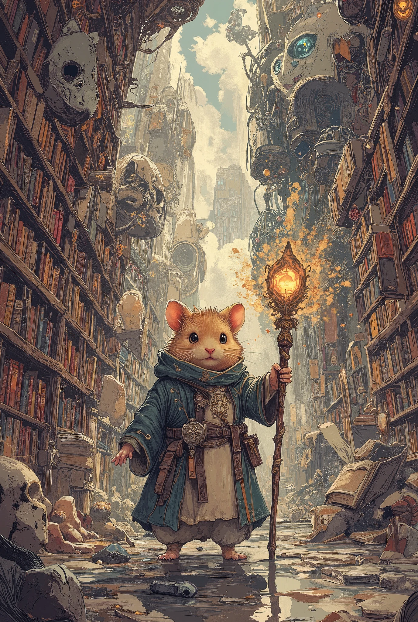 Hamster mage, masterpiece, best quality, Super Detail,an epic,4K,mystical library ,  wears a magical robe, In fantasy art style,  cinematic light , ultradetailed,  8k resolution ,( beautiful, detailed:1.1) , (complicated, detailed:1.1),( adventurous :1.1)  atmosphere, (Fantasies:1.1)  setting , (Epos:1.1) And (powerful:1.1),  a feeling of  (freedom:1.1) And (Strength :1.1),nerdy