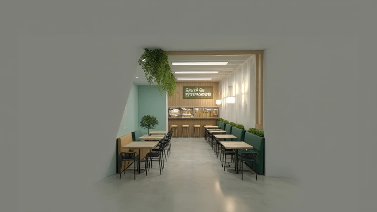 An updated interior design for a cafe in an eco-friendly style, reflecting the "Sport Menu" concept. The layout keeps the existing furniture arrangement as seen in the reference image, with booths along the green wall, tables with metal frames, and modern chairs. The design introduces a fresh, contemporary look with natural materials, including light wood finishes, green accents, and plenty of indoor plants for a vibrant and healthy atmosphere.
The walls are painted in a soft, natural green shade, complemented by white elements and warm wooden textures. The ceiling features white beams with integrated warm LED lighting, creating a cozy and welcoming ambiance. The "Sport Menu" logo is displayed prominently on the wall in a minimalist, modern font, combining green and white colors. The menu board above the bar is clear and well-organized, highlighting healthy and fresh offerings.
The bar counter is updated with a sleek design, incorporating wood paneling and eco-friendly materials. Kitchen equipment and display fridges are neatly integrated, maintaining a clean and organized look. The lighting is soft and warm, with LED pendant lights above the tables, enhancing the eco-friendly and comfortable setting. The overall style is modern and inviting, perfectly suited for a health-conscious, fast-casual dining experience. The cafe is shown without people, focusing on the design, furniture, and ambiance. High contrast, sharp details, neutral and natural color palette.