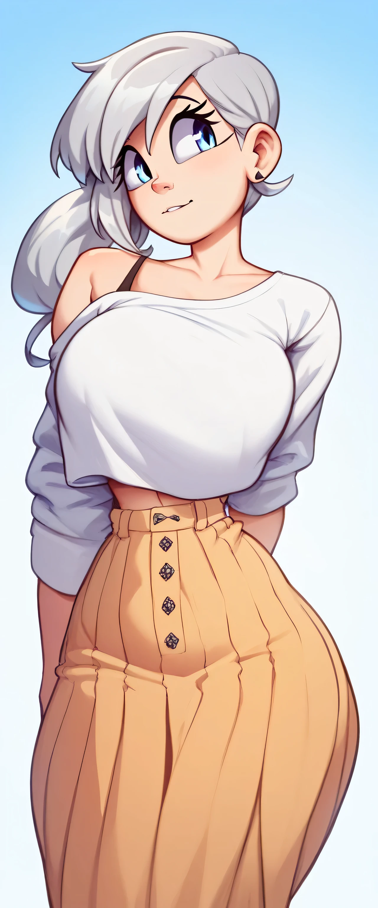 A sexy beautiful big breasted woman, attractive silver hair, long upper back, is usually tied in a side ponytail over her shoulder, her blue eyes, her curvy body wears a white shirt, a long sweatshirt and a firm long dark yellow skirt.