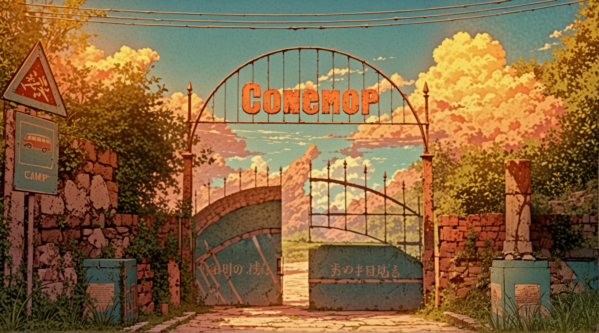 A beautifully detailed entrance gate to an old yet charming summer camp, bathed in the warm glow of midday sun. The metal archway stands tall with elegant, curved iron bars, displaying the camp’s name in a nostalgic, slightly worn-out font. The heavy, slightly rusted metal gates are ajar, inviting visitors to step into a world of adventure and memories. Flanking the entrance, two weathered stone statues stand on their pedestals, partially covered in moss and signs of time, adding a historical touch to the setting.
The road leading into the camp is a blend of cracked pavement and patches of overgrown grass, blending seamlessly with the natural surroundings. To the left, an old-fashioned blue bus stop sign marked 'No. 410' stands near a rustic red-brick wall, partially hidden by lush, wild greenery. Electrical wires stretch across the top, connecting to vintage street lamps that cast long shadows over the pathway.
Above, the sky is a brilliant, dreamy blue, with soft, fluffy white clouds lazily drifting by, their edges glowing warmly under the sunlight. The vibrant atmosphere exudes a mix of nostalgia and mystery, as if this place holds countless untold stories. The entire scene is painted with rich, yet pastel-like colors, blending realism with a touch of whimsical anime magic, evoking the signature Ghibli-esque warmth and wonder.