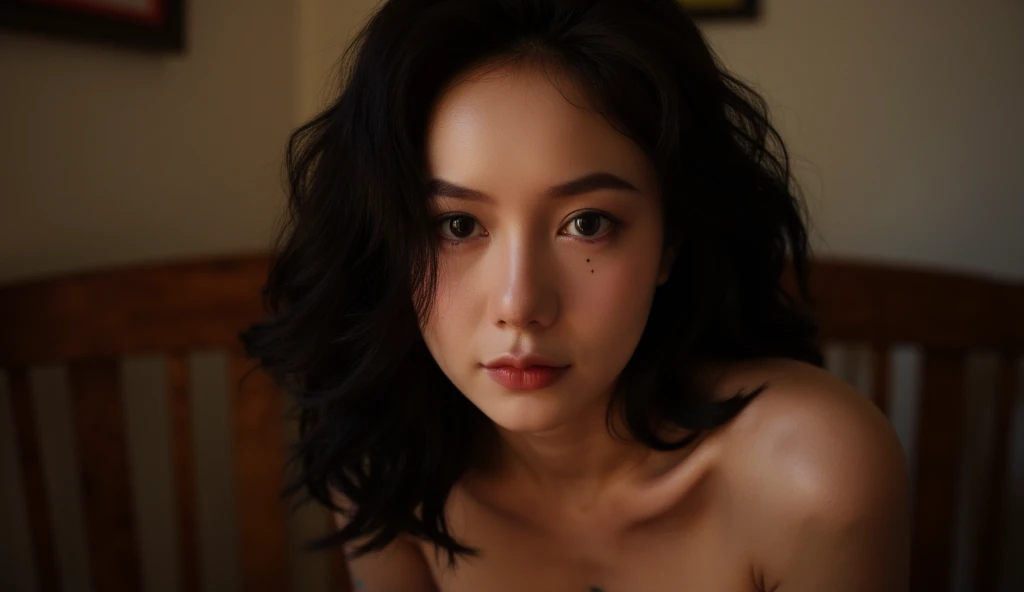 ((Highest quality, 8k, masterpiece: 1.3)), concentrated: 1.2, Perfect beauty: 1.6, Astock: 1.3, Home bedroom,Highly detailed face and skin texture, Narrow eyes, double eyelid, Whitening skin, Layered Short Hair,close your eyes:1.2,look up, Highly detailed eye texture,Saggy breasts,Saggy breasts,((Completely ?????)),No makeup