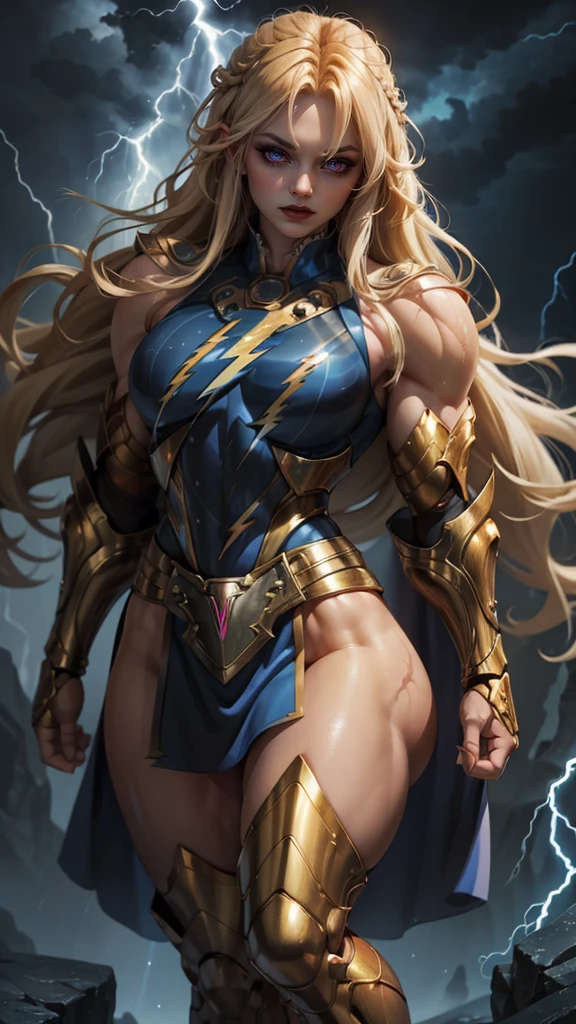 ((obra-prima, melhor qualidade)), digital illustation, fotorrealismo, dinamic angle, foto de corpo inteiro, artistic work, alta qualidade, illustration, cinematiclight, Ultra Detalhado, octana render, NVIDIA RTX Ray Tracing, (olhos detalhados), hiper detalhado, (rosto detalhado), 1 garota, Female version of Son Goku in super Saiyan mode, with two erect and straight arms raised over his head holding a large ball of blue lightning magic, seios grandes, bunda grande, corpo exuberante, quadris largos, cintura fina, Clothes torn and destroyed by combat, roupas curtas e sexy, Defined muscles, (Streams of lightning and blue electric sparks surround his body), rosto detalhado, ((cabelo longos loiros)), (cabelo detalhado), in a destroyed city in ruins, Dragon ball.