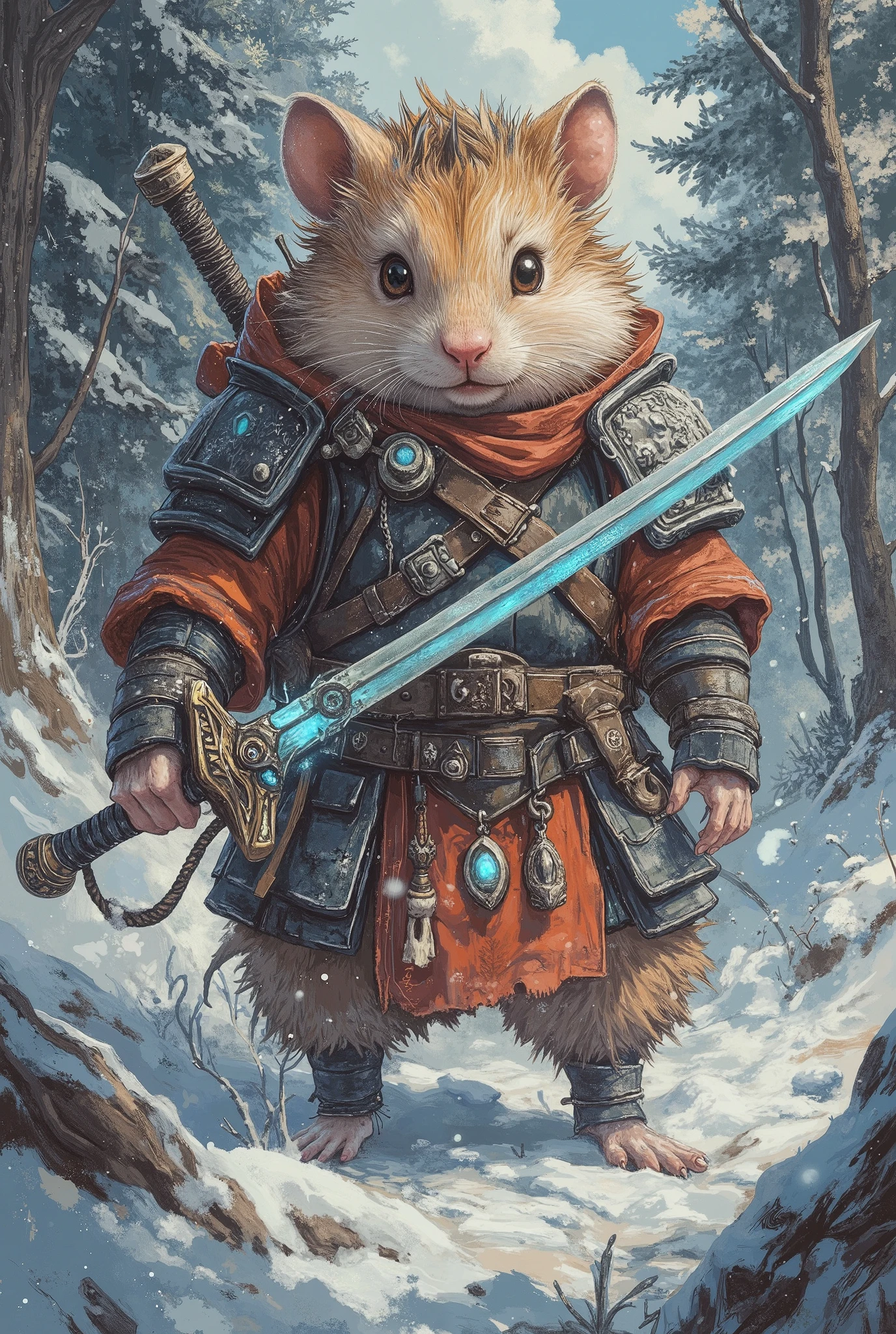 hamster dressed like the dragonborn from skyrim, masterpiece, best quality, Super Detail,an epic,4K,snowy forest ,  wears fur armor , Holds a glowing sword, In fantasy art style,  cinematic light , ultradetailed,  8k resolution ,((nimmt eine an epice samuraihaltung ein:1.4)),((Both hands on the handle of the sword :1.3)),( beautiful, detailed:1.1) , (complicated, detailed:1.1),( adventurous :1.1)  atmosphere, (Fantasies:1.1)  setting , (Epos:1.1) And (powerful:1.1),  a feeling of  (freedom:1.1) And (Strength :1.1).
