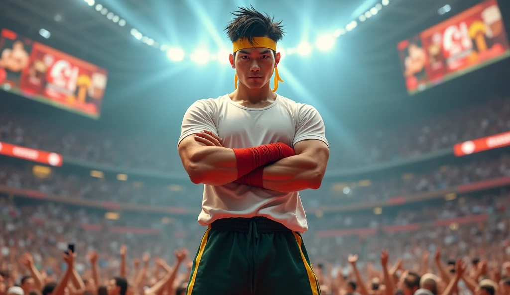 Create a realistic 64k photo of a handsome Thai male teenager, with a well-proportioned six-pack, tanned skin, wearing boxing shorts and gloves, standing on a boxing ring.