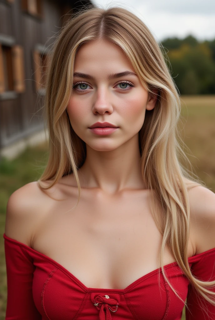 "A photorealistic image of a beautiful 25-year-old American girl with long hair., medium size chest,hourglass shape,small and attractive nose, Loose blonde hair and striking blue eyes with a red shirt and jeans.. She should have a natural, accessible expression and be illuminated by soft.Photo from Instagram. she is in the park, His hands are not captured in the photo., Capture this image with a high-resolution photograph, the body is seen from head to toe