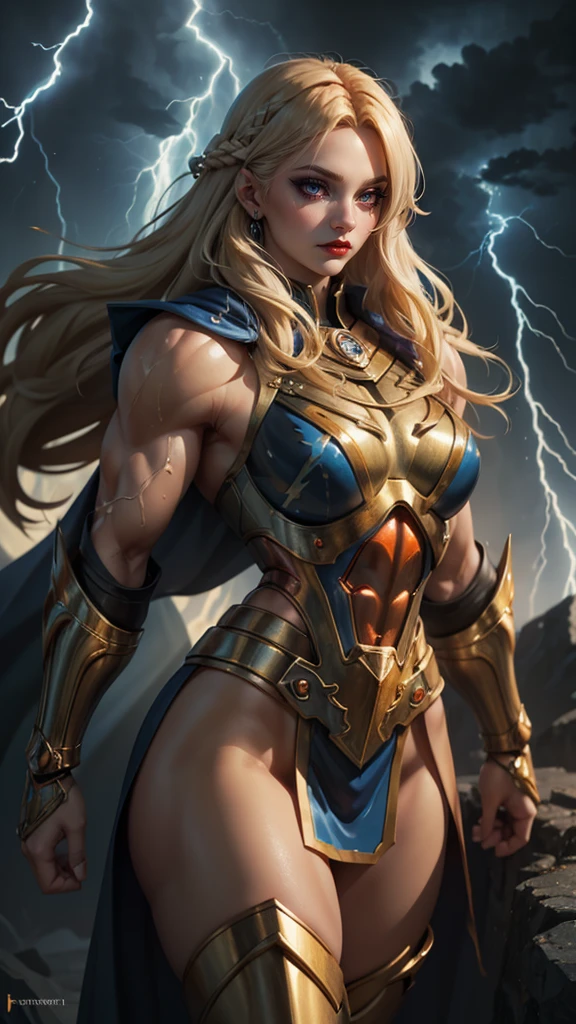 masterpiece, best quality, masterpiece, godlike quality, godlike art, highly detailed face, 1woman, digital illustration of Thundra, the Asgardian hero, standing confidently in her dark blue/purple armor with gold trim inspired by Jack Kirby's designs. blonde hair. Capture the essence of her power as she commands thunder and lightning, with her cape resembling a star field. Include the (((Norse helm with gold wings))) and showcase her right hand covered in a heavy armored glove. cosmic background. deep v neck. stern expression, (best quality), (masterpiece), realistic, sharp, 8k, (helmet), (purple armor), valkyrie, (full body), pretty face, (blue eyes), (((left hand glove))), (((Armored left hand))), bare right hand, star pattern, good hands, detailed hands. (((full helmet))), (((Helmet that covers the head with nose guard))), one leg raised, fist punching, holding a lightning bolt, shooting lightning from hand, (((dynamic pose))) 