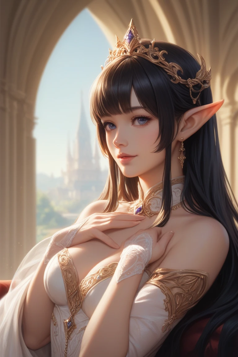 A beautiful female elf, elf queen with tiara on her head, long silky light brown hair, elf ears, almond-shaped eyes, thin lips, round face, huge breasts, sitting on a throne made of oak, wearing the clothes of an elf of elven royalty , very beautiful, imposing and majestic look, inside the palace, perfect art, masterpiece, character details, free and perfect scene, closeup . sultry look, seductive,