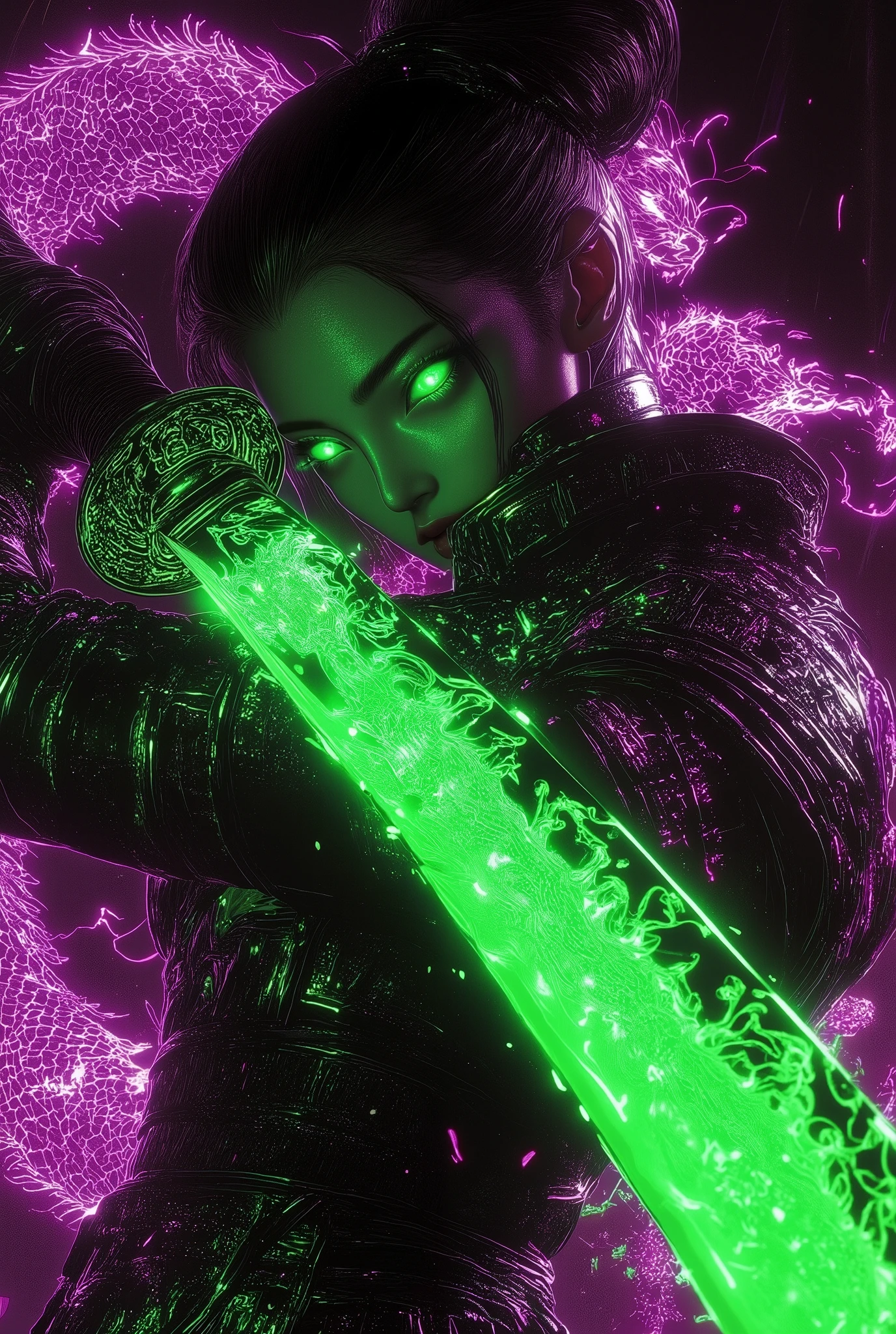 1girl ,megalodon art as a background ,Final Fantasy-like worldview, Tetsuya Nomura-like illustrations, HD , colorful art , 3D spray painting ,Japanese anime style fantasy illustration. Cyber punk arma uniform. Female cyberpunk style sodian.cross in the eyes,An enchanting pale pink aura glows around her. Magic sword glowing pale green. ancient writing rune emblem. Adorable Japanese assassin. Full cut hair. Dynamic sword swing. Acrobatic pose. Highly dynamic angle shot. Dynamic action blur. Depth of field. Powerful and piercing gaze. Light and shadow effect. Lens flare glow. 4K, Full HD resolution,