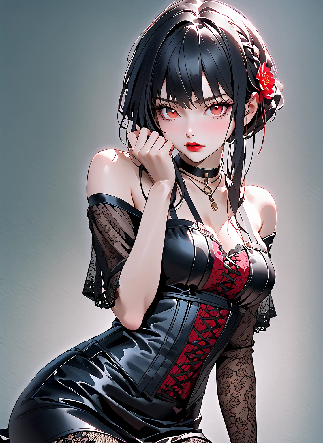 Pale skin, Beautiful slim fit girl, cool, stunning beauty, smug expression, short figure skating costume, intricate, highly detailed, choker, red-black, stylish black hair, jewelry, diamonds,looking at camera, closeup,