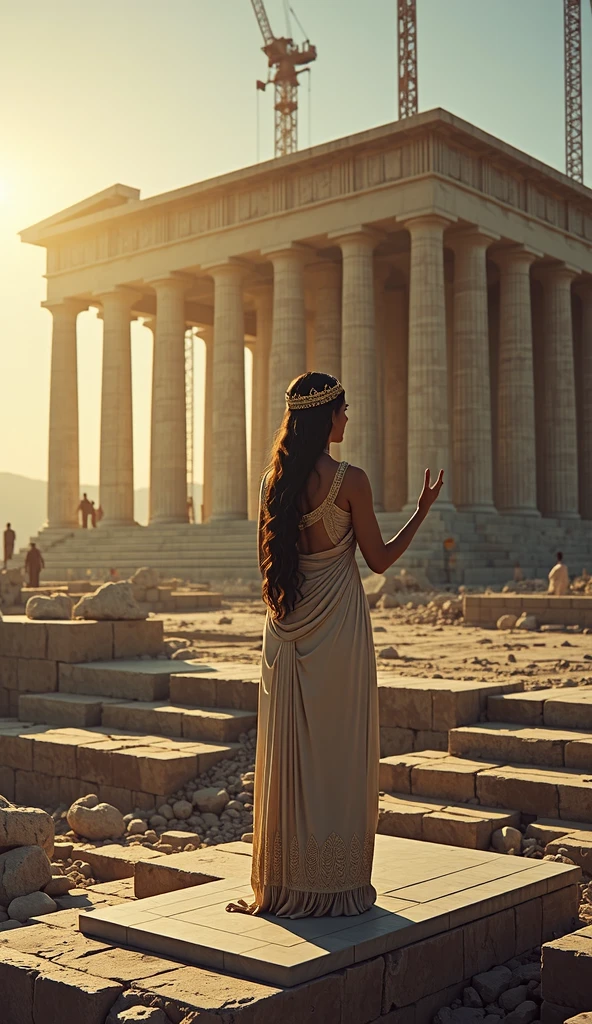 A vast, ancient landscape with a young, beautiful woman at its center. She has long, flowing dark hair and wears a simple, elegant dress. Surrounding it are symbols of Greek mythology: columns, olive trees and statues of gods. In the background, the sea shines under the sun, suggesting a connection with the divine." Ultra 8k dinamica