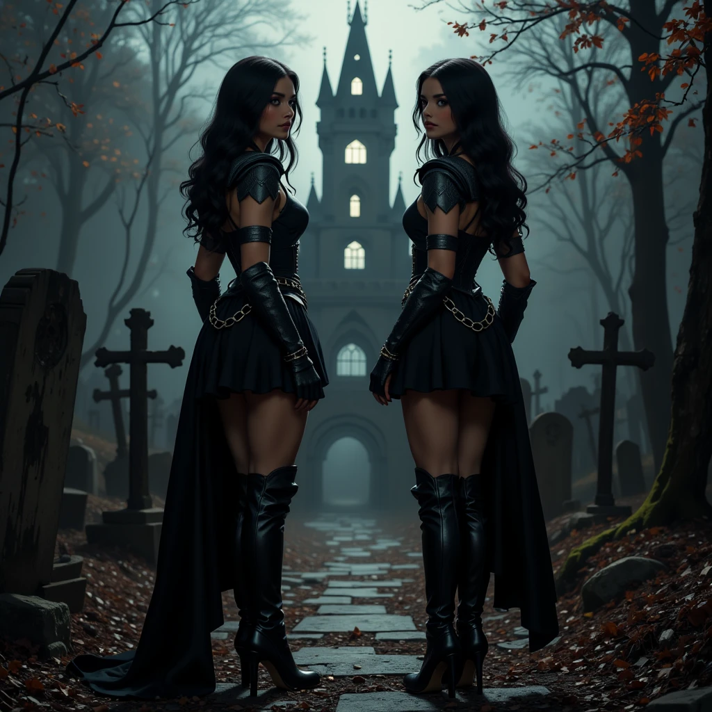 
a sexy undead woman wanders in an old abandoned and dilapidated cemetery, in the distance behind her a mysterious ghost with illuminated eyes
