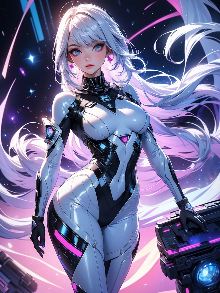 top-quality、Top image quality、masterpiece、girl with((silver mecha suit、Shining gold mech suit、18year old、 Ager、cute little、Best Bust、big bast,Beautifully shining purple eyes open wide, cosmic hair、Longhaire、A slender,big moves in volleyball,headphones in your arms、Niō Standing)),hiquality、Beautiful Art、Background with((A world of shining galaxies)))、Depth((UFO,planet earth)),masutepiece、depth of fields,Cinematic style