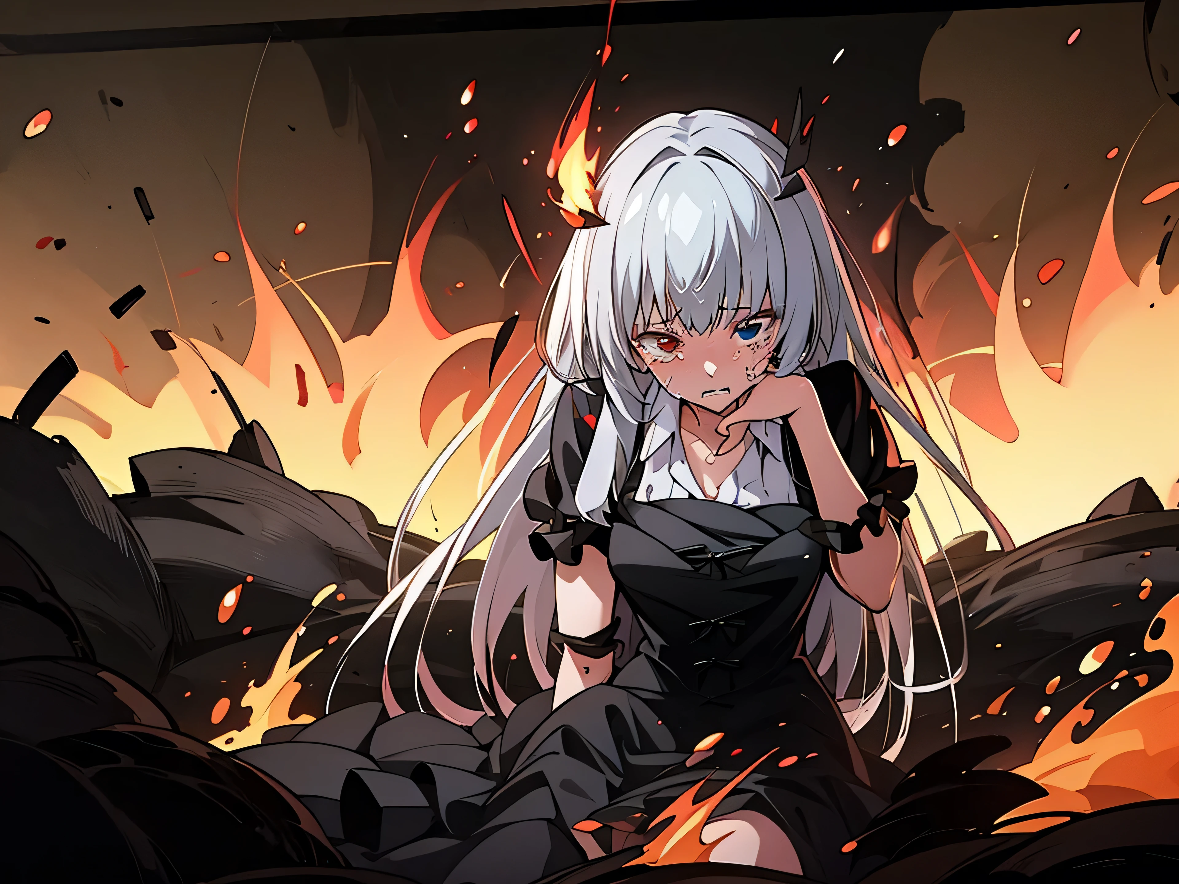 flaming hills, burning grass, fire, flames, flickering flames, blazing fires, sitting in fire, burning garden, charred and blackened surroundings, wildfire, masterpiece, highdef, 4k, silver hair, princess black gothic dress, sad, crying, collapsed in grief, screaming in emotional pain, pounding ground, distraught, perfect features, heterochromia, left eye: blue, right eye: red