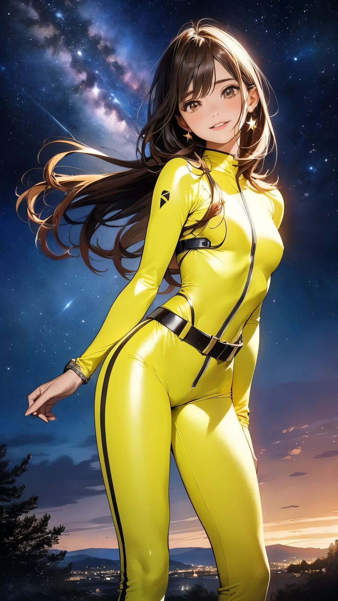 (highest quality, 4k, High resolution, masterpiece:1.2), Super detailed, (anime style, photorealistic:1.37), cinematic light, Bright colors and mesmerizing effects, Soft and delicate lighting, gentle shine, Beautiful and gentle atmosphere throughout the scene, (1girl:1.5), joven, (Cara finamente detallada:1.4, Ropa detallada), (Detallado:1.4) named (Eimi Fukada:1.1), one girl BREAK Cara hermosa, Profundidad de campo, Agregar capa, 27 years old, Modelo de cuerpo perfecto, senos perfectos, 175cm de altura, pose sexy, full body, cuerpo completo, Tipo de cuerpo del modelo, BREAK (wearing yellow bodysuit, belt:1.5), (Cabello largo:1.3), (brunette:1.1), dark brown hair, doble parpado, (reddish brown eyes:1.5) BREAK blush, long hair, nijistyle, smile, (sensual pose:1.3), thigh gap, small chest, eye-level, (outer space view:1.1), (night, stary sky:1.5), milky way