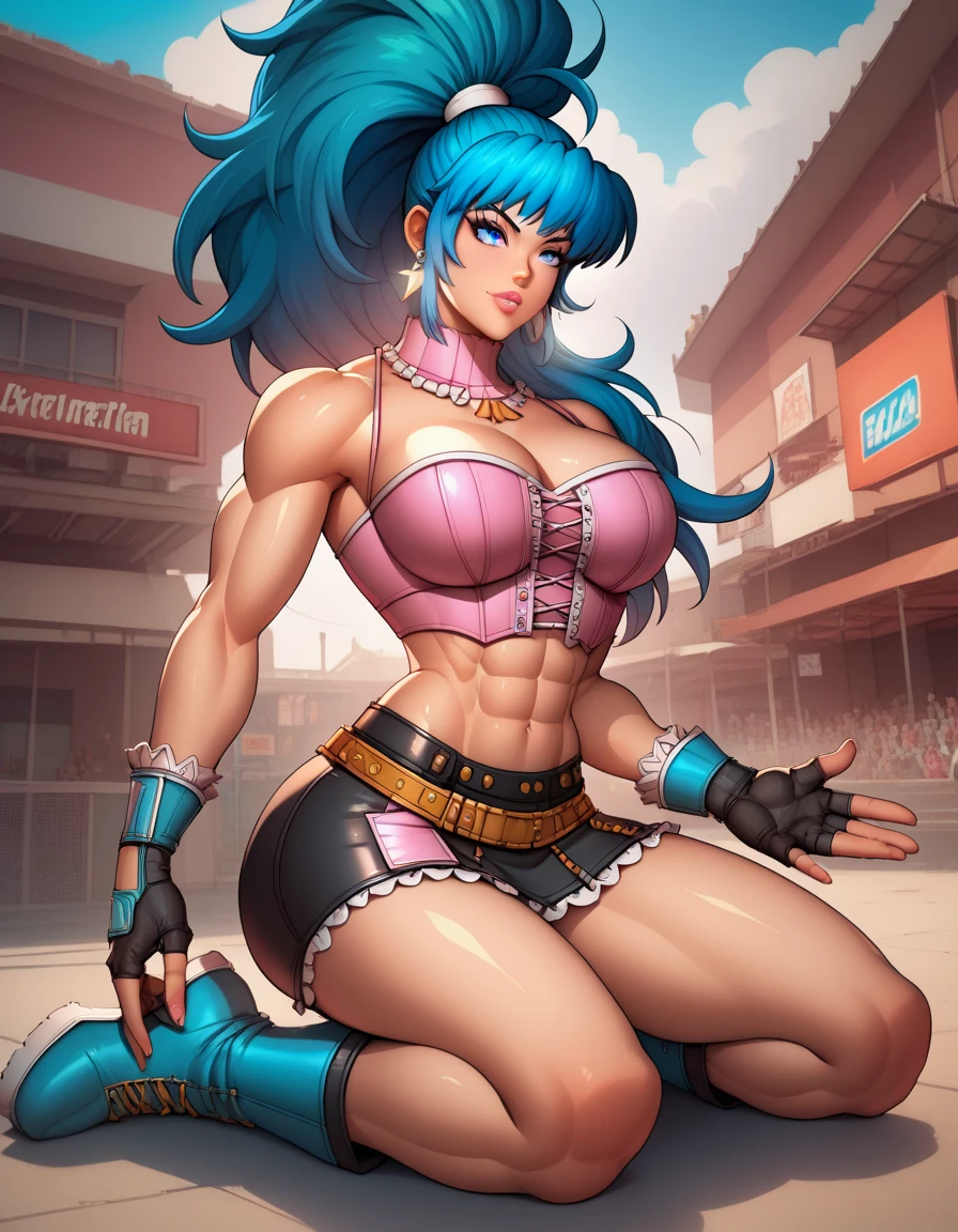((Aletta ocean face:1.3)), woman, ((poison)), (street fighter), final fight, laying down, muscles, emanating elegance, (denim shorts), armor pump heels, ((white tank top)), (police hat), (long hair), (pink hair), small armband, (blue eyes), gauntlets, whip, exposed midriff, (puffy lips:1.3), detailed eyes, ((slendered abs )), wide hips, (puffy lips:1.5), slender abs,rim lighting, side light, cinematic light, ultra high definition, 8k, film grain,best shadow, light particles, detailed skin texture, scattered light, detailed face, intricate details, super detailed, bright, spiked heel boots
