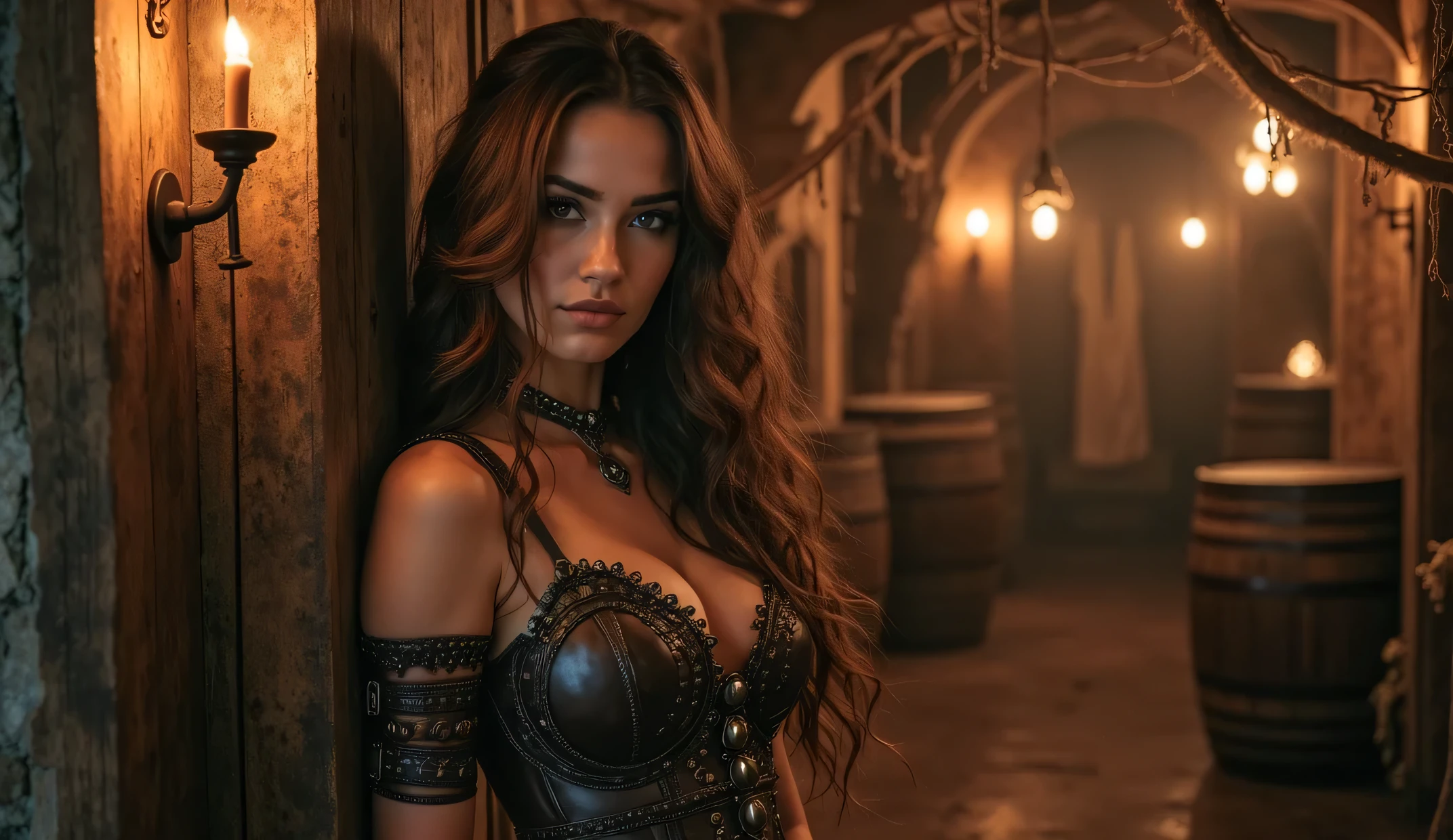 adriana lima, thick brown hair, hot , Ukrainian girl, wavy brown hair, Dasha Taran, pretty beautiful brunette, (solo one girl : 2.0),Commencez par une prison sombre baignée d’une mystérieuse lumière noire, create a feeling of confinement and secrecy. The prison should have intricate details like iron bars and chains, suggesting the&#39;emprisonnement ou la contrainte, PAUSE In the center of this room, blindfolded with black cloth. Elle devrait être dans une pose de prière, offering his prayers with an expression of serene solemnity. Her beau unique features, comme une peau d&#39;alabaster should stand out from the dark decor, BREAK Inclure des détails comme la lueur d&#39;une bougie vacillante au premier plan, casting a warm glow and creating shadows that dance across the girl and the room. La lueur des bougies doit constituer la principale source d’éclairage, ajoutant à l&#39;atmosphère mystique et sombre, BREAK Appliquer un effet de mise au point superficielle à l&#39;image, où la fille et les éléments les plus proches comme la lueur des bougies et certaines chaînes sont parfaitement nets, tandis que l&#39;background, comprenant des parties de la pièce et quelques barres de fer, flou doucement dans la lumière violette, PAUSE Veiller à ce que l&#39;atmosphère générale de l&#39;image soit empreinte de solennité et de mystère., with the sacred presence of androgens and&#39;ambiance étrange de la pièce, synergistically creating a powerful visual narrative.