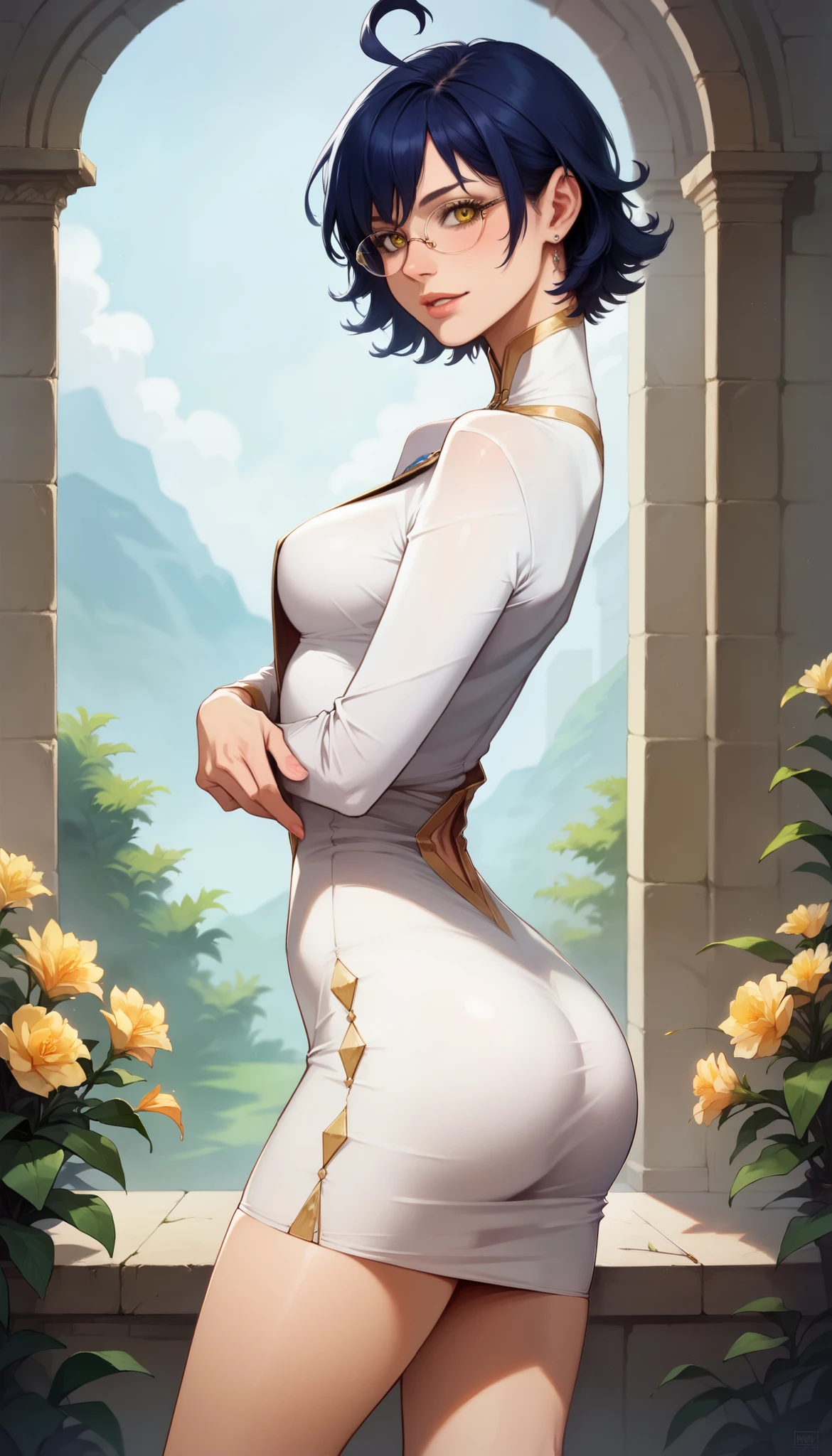 score_9, score_8_up, score_7_up, score_6_up, solo, high detailed picture, realistic style, masterpiece, very young girl, no panty, disheveled hair, mz, ahoge, short hair, blue hair, yellow eyes, glasses, big brightness eyes, 16k, masterpiece, realistic style, perfect fingers, tomboy, circle-glasses, perfect medium breast, look at you, very long fit leg, narrow hips, soft light, LOAsuccXL, (a long, tight dress made of black silk with exquisite silver embroidery in the form of flowers, long sleeves, hugs and emphasizes the chest, high neck, large neckline on the back, buttocks are visible), elegant shoes with pointed stilettos, She's got her back to you, sideless dress