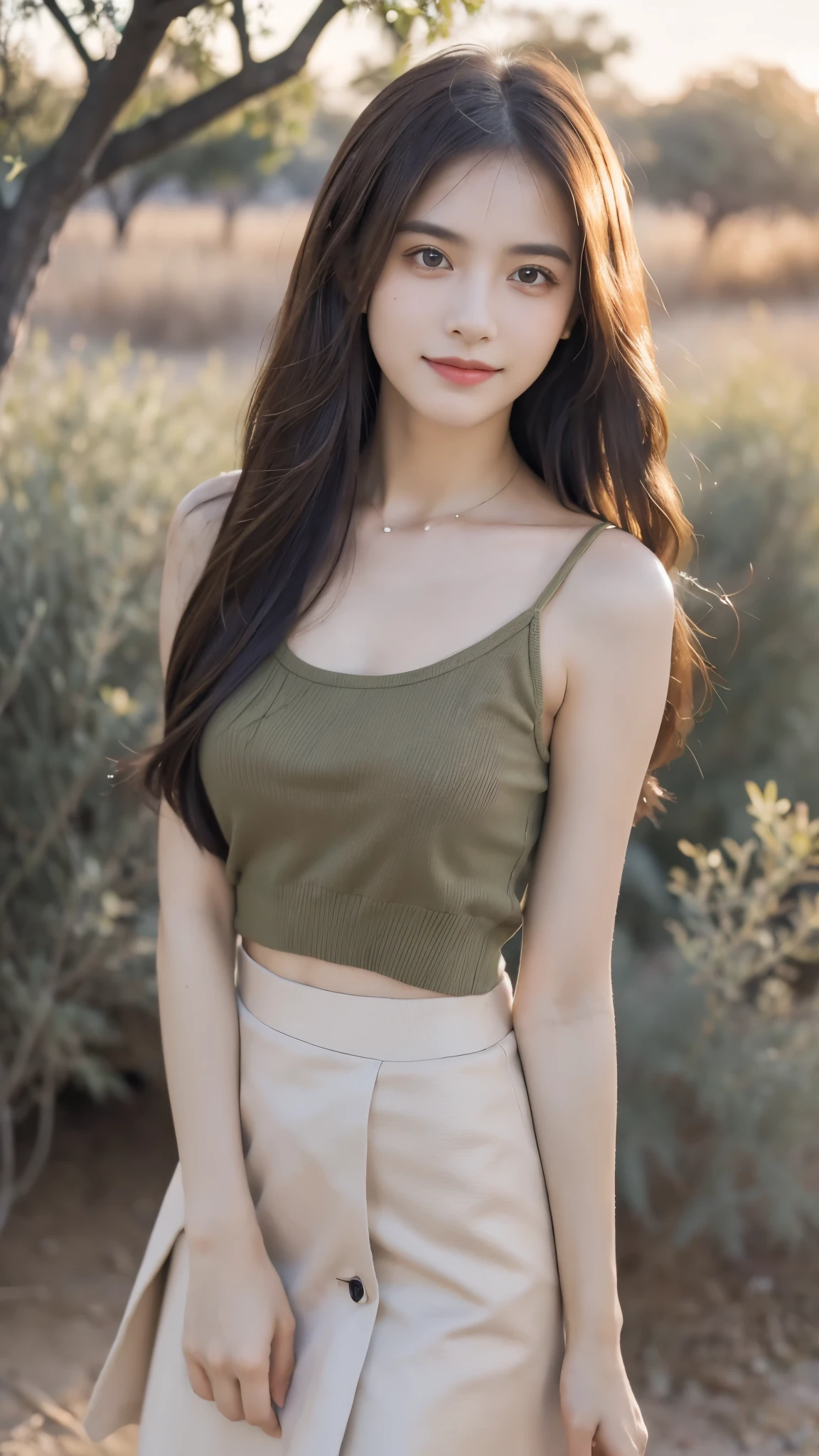 ((Best Quality, 8k, Masterpiece: 1.3)), Full Body, Focus Clear: 1.2, Outstanding Beauty: 1.4, Slender Abs: 1.2, (((Brown Hair, Big: 1.2)), Black Tank Top, Highly Detailed Face and Skin Texture, Detailed Eyes, Double Eyelids