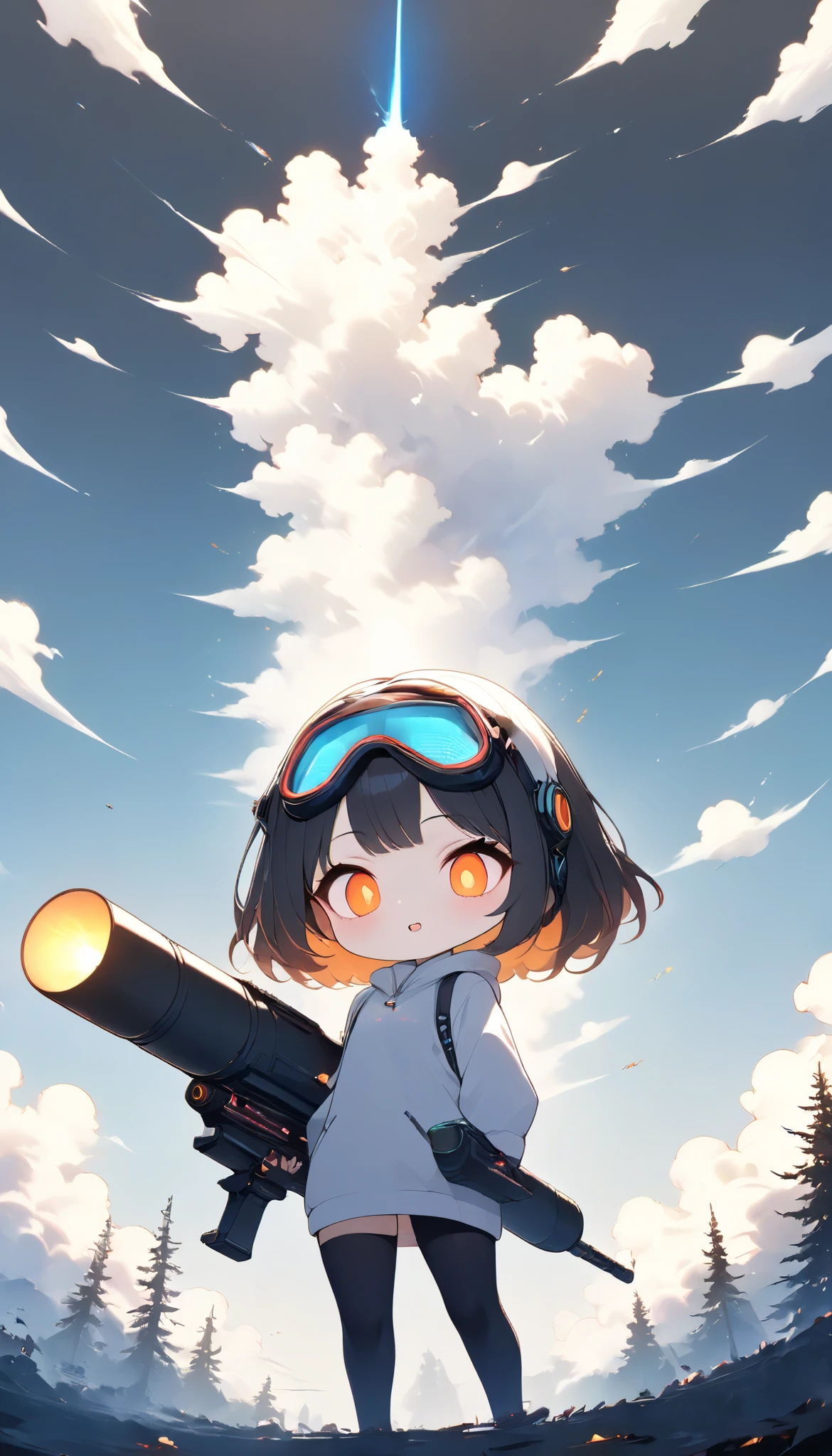 Ultra High Definition, antique retro cyber style, a state-of-the-art cyborg fires a bazooka into the sky, Smoke becomes a small cloud, 0__11Xx _Illusive explosions, only one cloud generated in a clear sky, Optimal parameter adjustment, amazing quality, masterpiece,