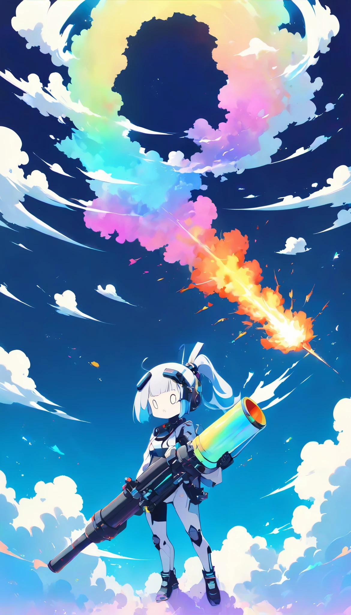 antique retro cyber style, a state-of-the-art cyborg fires a bazooka into the sky, Smoke becomes a small cloud, 0__11Xx _Illusive explosions, only one cloud generated in a clear sky, Optimal parameter adjustment