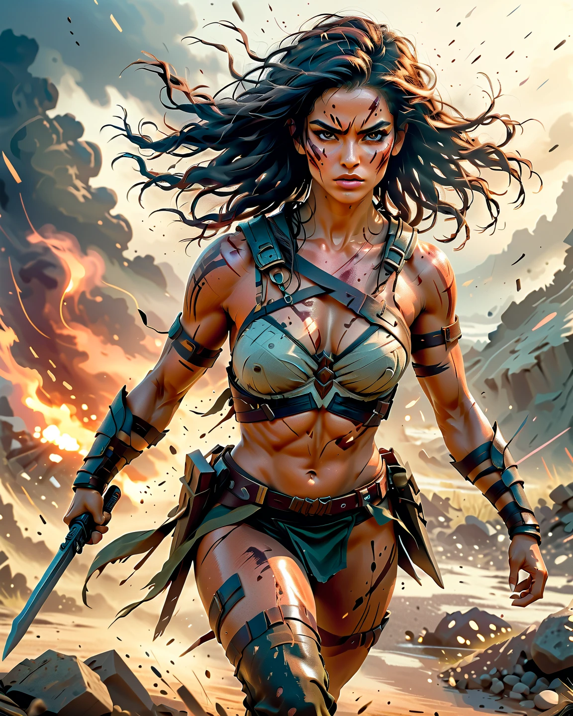 a close up of a woman with a knife in a forest, a very beautiful berserker woman, forest hunter lady, female barbarian, muscular sweat lara croft, female warrior, from vermintide 2 video game, massive perfect breast,portrait of a barbarian female, tomb raider beautiful, very beautiful female barbarian, muscular warrior women, beautiful female warrior, female vampire warrior, barbarian warrior woman