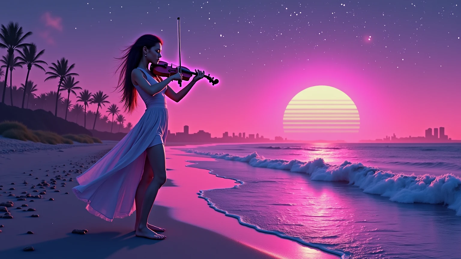 retro_neon ,retro neon , FUTURISTIC BEACH, glowing coastline, neon -lit waves, vivid sunset, pink and purple sky, synthwave aesthetics, nostalgia of the 80s, digital horizon, silhouetted palm trees, electric blue sea, vaporwave atmosphere, softer, glowing sand, neon  reflections on water, distant neon  city skyline, cyber sunset, Ambient light,  relaxing atmosphere , dreamlike landscape, futuristic paradise, warm neon  hues, deep shades of purple and blue,  surreal lighting ,  gentle ocean breeze , Calm, but electric atmosphere, Lindsey Stirling, Lindsey Stirling spielt neon  violin, Lindsey Stirling is playing on the beach, 1 girl, Alone,  high resolution,  sparkle effect , Mädchen spielt Violin , Violin , violin, Sparkling notes, music, magical, Lindsey Striling plays violin, violin, Look in Kamera.