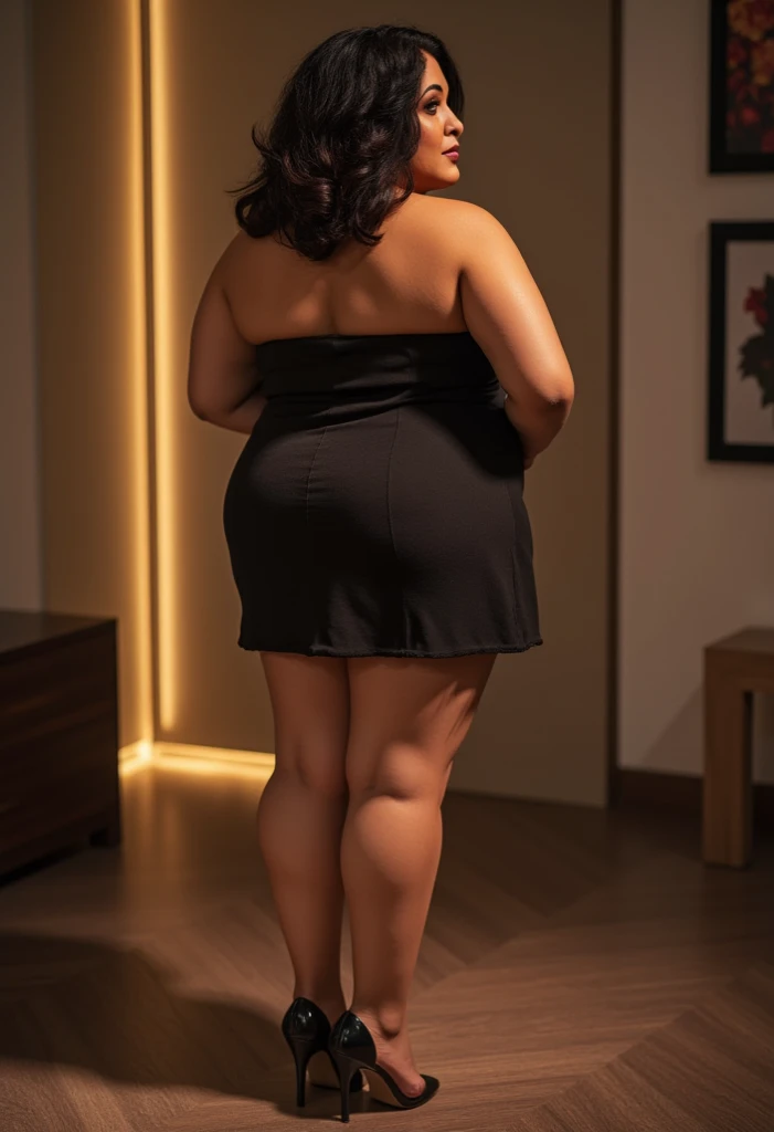 Chubby fat bbw nerdy latina young woman (20 years old), chubby belly, long straight black hair, wearing sexy black dress, Golden necklace,man hugging from behind, ((french kissing)), walking in dark hotel lobby,with several tall men, 4 men, in nigth club, dark lights, smiley expression,view from the side