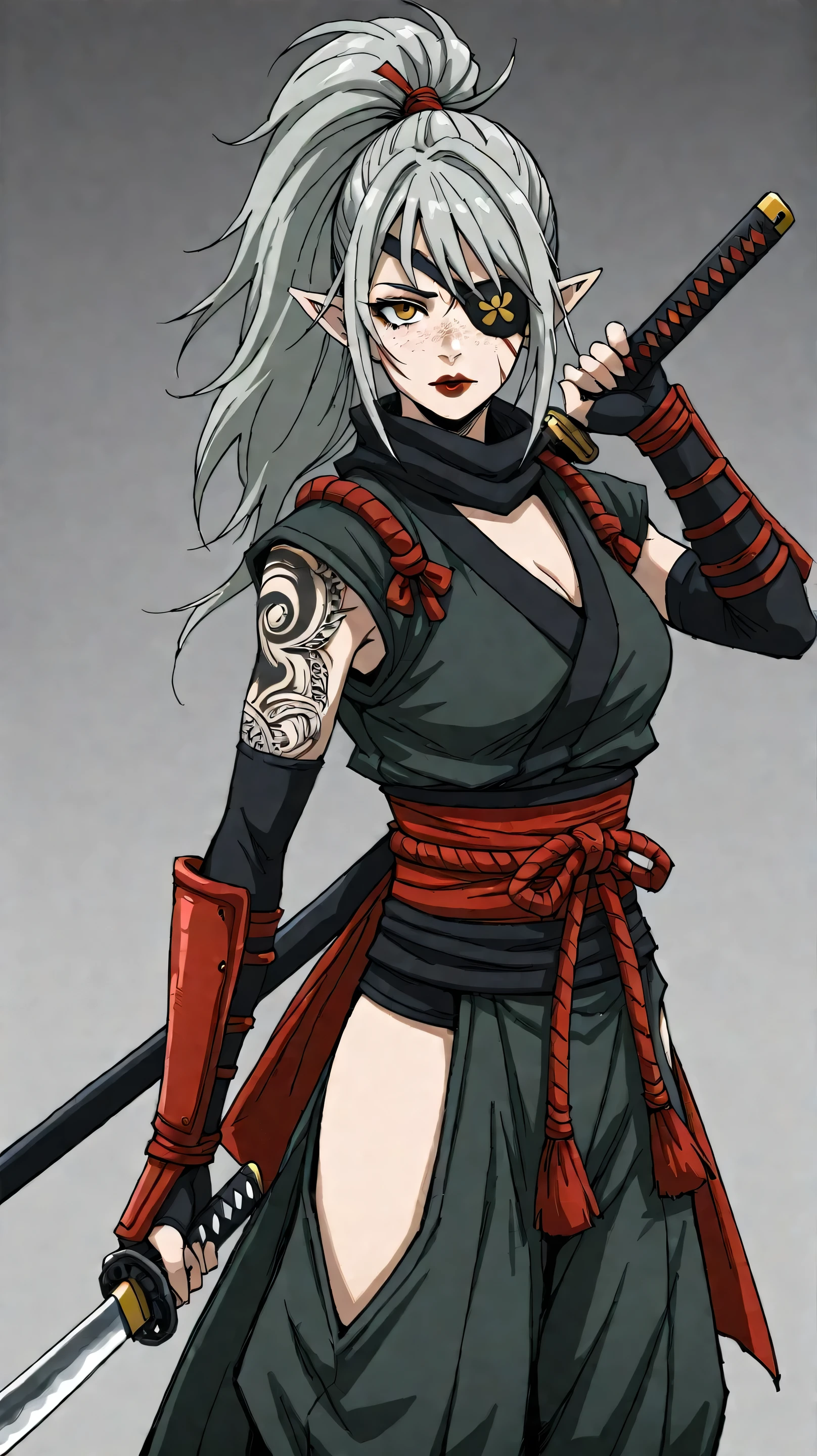 1girl, long hair, gray hair, ponytail, eye patch, kunoichi, samurai, beautiful, pointy ears, holding a katana, amber eyes, D&D, warlock, freckles, dark red lips, scar on eye, black tint on eye, white katana, nodachi, freckles on face, eyepatch, black tattoos on face, tattoo on eye