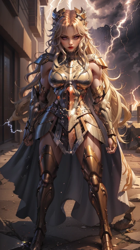 ((((Massive, tall, beautiful, buff, muscular brown skinned female spartan with yellow hair, ginormous bulky muscles, holding a sword and shield and wearing an all yellow gleaming spartan armor and pleated skirt)))), (close view), black eyeliner, massive muscles, massive biceps, hyper muscle triceps, (long flowing hair), gray eyes, spartan boots, In a Roman city, steel spartan armor, armor breastplate, nighttime, confident smile, (hyper muscles arms), hyper muscle legs, (ginormous arms)