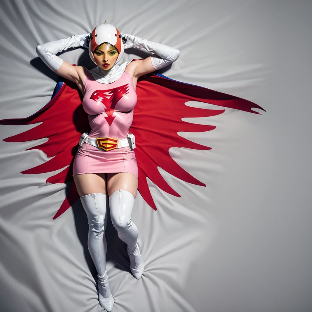 ANI_CLASSIC_jun_gatchaman_ownwaifu,1girl, 16 years old,good anatomy, masterpiece, best quality,realistic, hyperrealistic, 16k hdr, long hair,breasts,green eyes,lips,large breasts,lipstick,makeup,gloves,cape,helmet,belt,elbow gloves,white gloves,mask,ultra miniskirt,leotard,spacesuit,white tight overknee highheels boots,pink dress,superhero,bodysuit,cleavage,erected nipples,(lying flat poses, view from above,full body),cameltoe