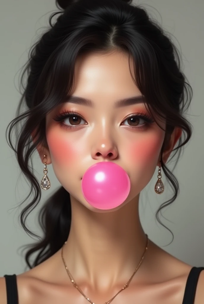 Young beautiful woman, blowing bubble gum, pink bubble gum, blow gum, hdr, 8k, sharp focus, highly detailed, (close up photorealistic portrait), (artful bokeh)