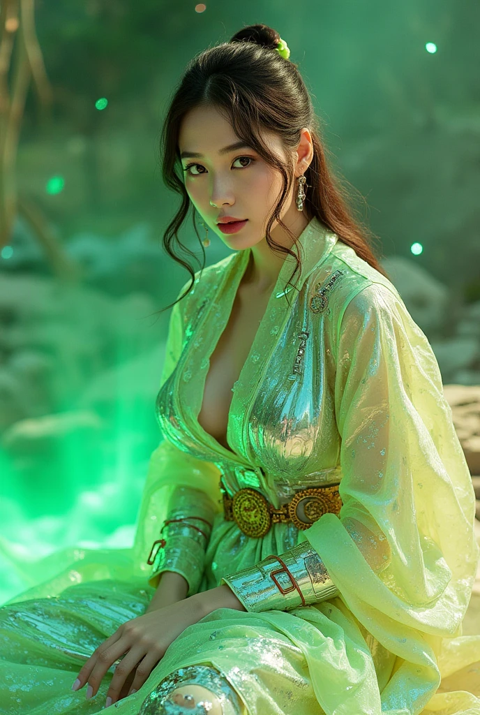 Create an image of Janna in her Classic skin from League of Legends by Riot Games, wearing her elegant, wind-themed outfit with flowing robes and holding her magical staff, have massive k-cups, standing in a breezy, mystical forest with leaves swirling around her.
