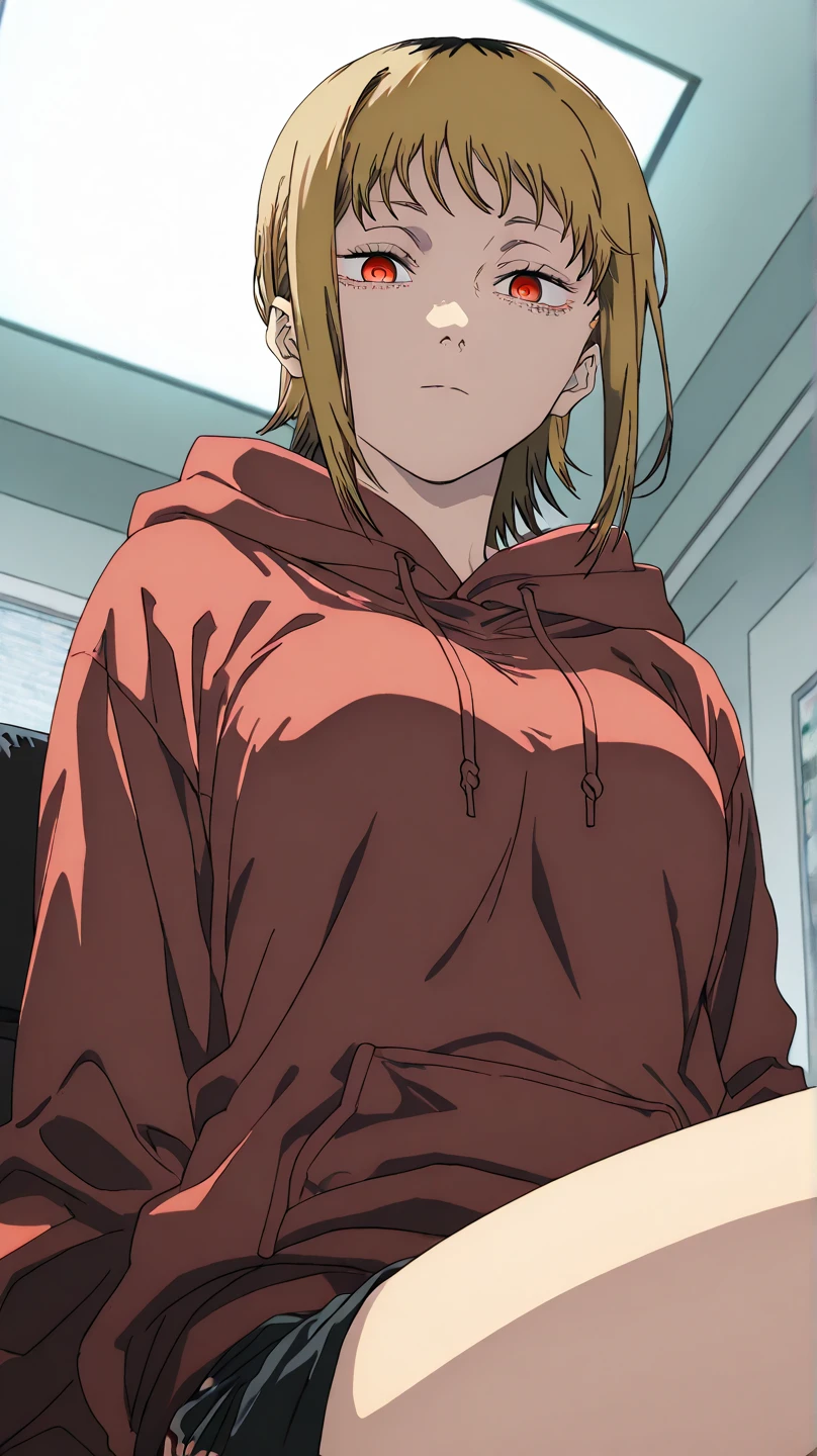 girl , green hoodie , white skin , beautiful , short brown hair , green eyes , sexy , sixteen years old
