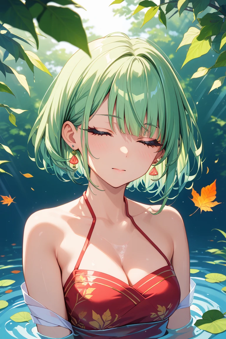 ((Top Quality)), ((Excellent)), (Situational), Anime Style, Game: Liza Workshop, Lizalynn Stout character, 1girl Top Quality, Portrait, Super detailed, Pretty face, Perfect anatomy, Alone, Pale skin, Huge pink and green hair, Perfect hair, Bangs, ((Closed eyes)), Tongue out, Tongue out, (😝), Sexy bikini, Thong, Weapon, Practice, Thick legs, Big thighs, Own, Background scenery, Riverside, Daytime, Sunlight, Sun, Clouds, Water bottom, Super detailed water, Environmental details, Side plants, Background waterfall, Information