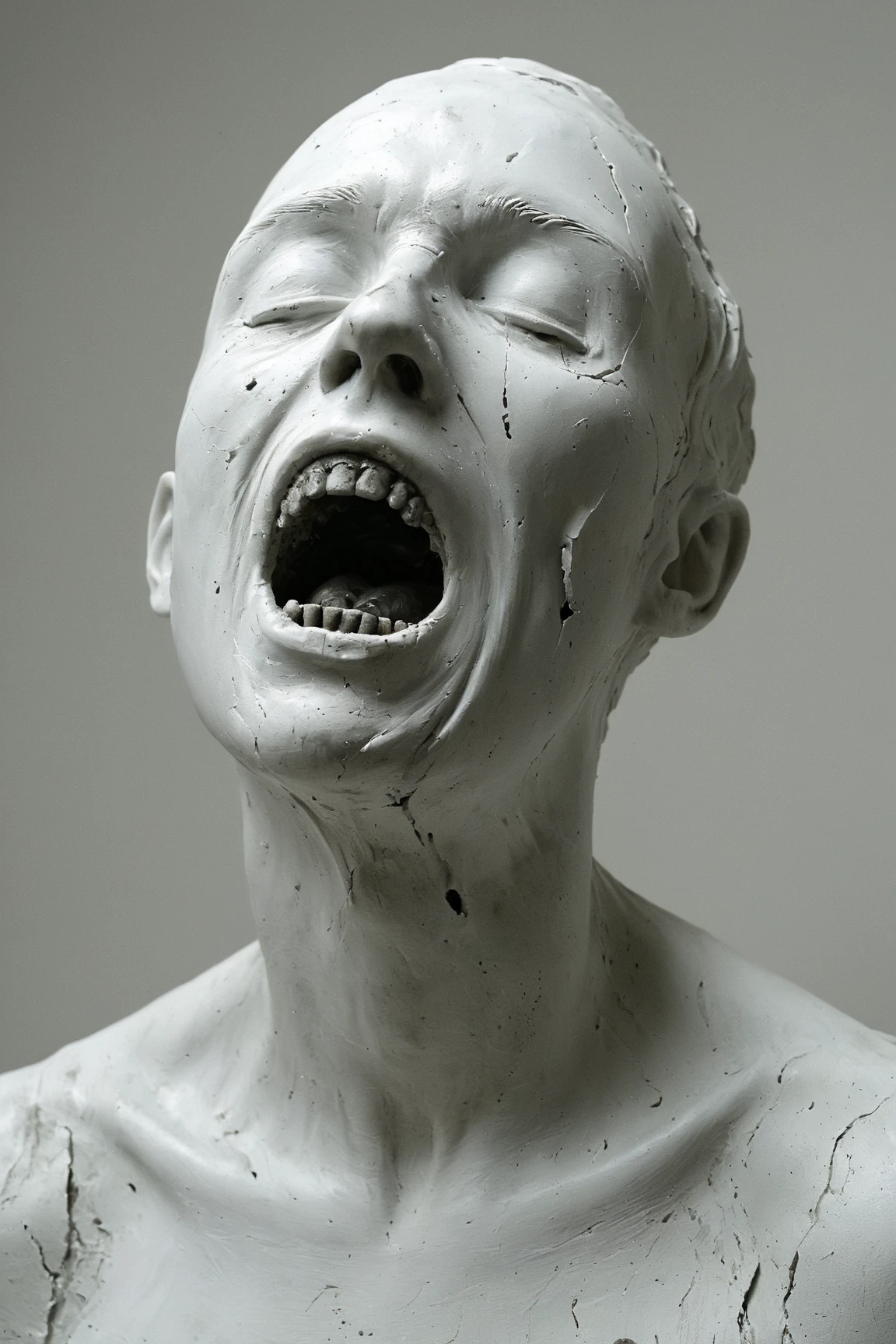 Surreal art, statue, white plaster,  horror, horrific, anxiety, anguish, hatred, self loathing, misery, depression, melancholic, the end of all happiness. A statue that represents all the hideousness that a schizophrenic has to endure. Demonic entities constantly hissing in their ear. Ugly faces from hell revealed in every shadow, sprawled across every surface especially if it is reflective. The ugliest, most worthless entities you can ever imagine. Makes you want to kill yourself or someone else instead of hearing or seeing them again.  Ultrarealistic, photorealistic, cinematic photography, cinematic lighting, cinematic portrait, portrait photography, realistic, realism, ultra detailed, UHDR, full focus, highest quality, hyperrealistic, 3D Rendering, 8K Octane, Cinematic, Cinematography, attention to detail, Best Quality, Award Winning, Masterpiece