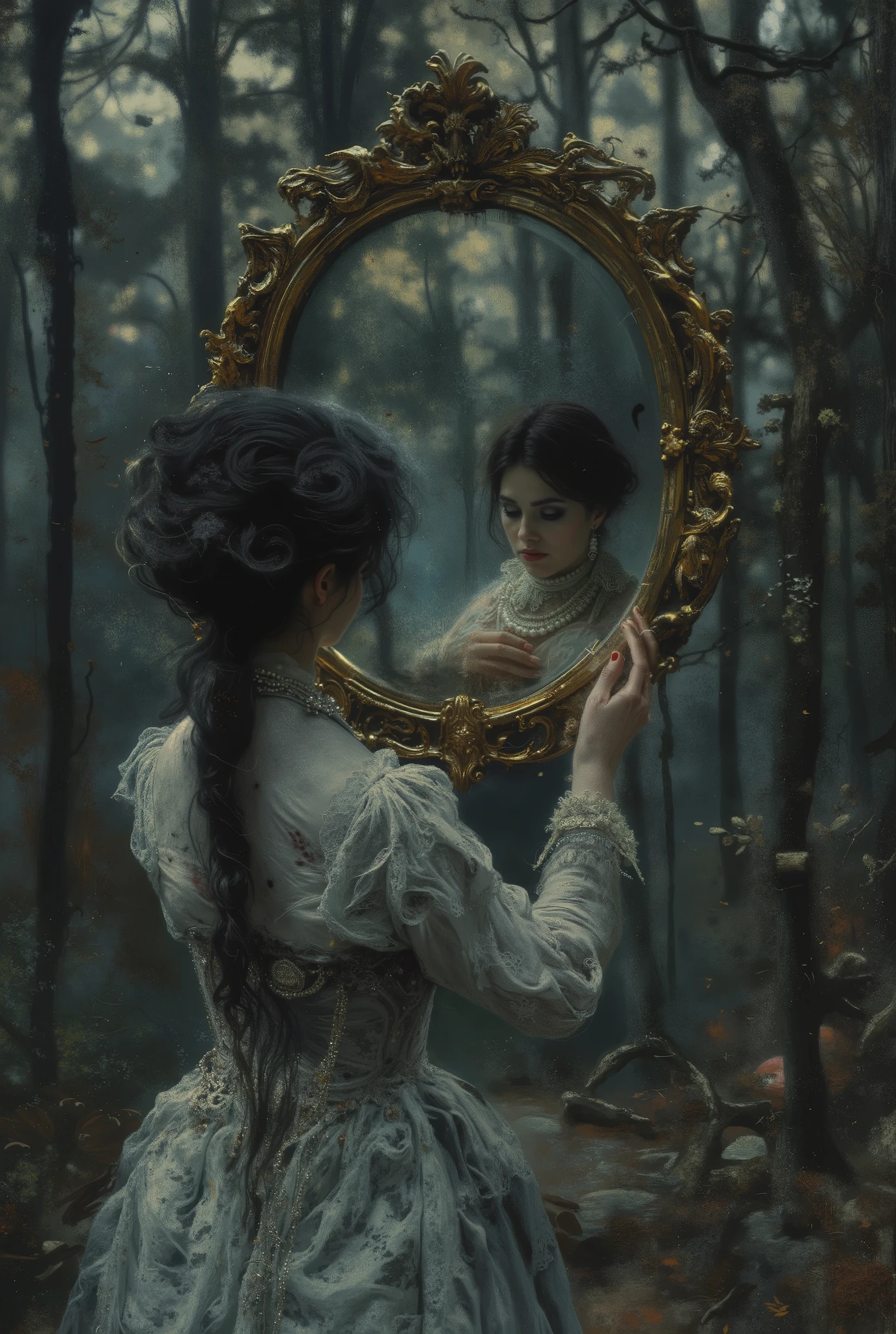 A hauntingly beautiful gothic wall art print featuring a mysterious woman in a tattered, vintage white lace dress with pearl necklaces, holding an ornate golden mirror in front of her face. The mirror reflects a dark, eerie forest scene with twisted trees, fog, and a melancholic, moody atmosphere, illuminated by soft, diffused sunlight filtering through the branches. Her hands are delicate yet ghostly, with a surreal, ethereal quality, and her dress is adorned with intricate lace details, slightly torn and stained, evoking a Victorian gothic aesthetic. The background is a deep, shadowy void with subtle hints of mist and decay, creating a dramatic, dark academia vibe. The color palette includes muted grays, blacks, golds, and pale whites, with a touch of eerie green and brown tones, adding to the haunting, dreamlike quality. Ultra-realistic details, intricate textures on the lace and mirror, and a cinematic composition with a 4K resolution, surreal elegance, and a melancholic, introspective mood. Style: Gothic art, dark fantasy, Victorian gothic, moody dark academia."
Negative Prompt
"Modern elements, bright colors, cartoonish style, low resolution, blurry details, unrealistic anatomy, excessive brightness, sci-fi elements, cartoon characters, minimalism, abstract art."