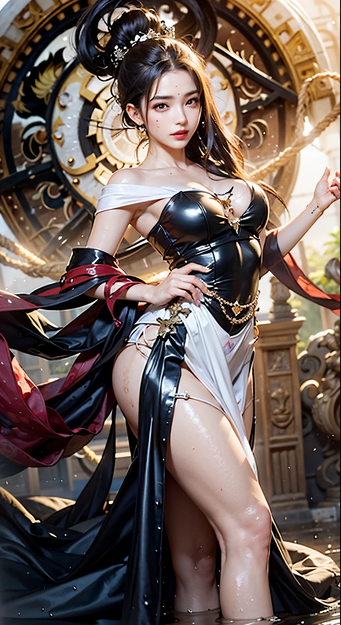 (ultra realistic photo, 8k uhd, full of details in clothes and face, masterpiece, girl goddess of beauty). Shogun Raider from Genshin Impact is a sexy woman with long, flowing purple hair, who wears a highly detailed sexy lingerie, she wears a jewel on the side of her head adorned with gold details and a gem in the center. - She wears a purple and pink outfit with gold details, with ornate designs in gold. The upper part of the armor is tight to the body, highlighting its curves. (she has long breasts, huge and perfect breasts emerging from her sexy, erotic cleavage, sharp pointed BREASTS), ((transparent micro panties showing pussy, perfect pussy)), defined body, body with curves, big perky ass, pussy showing, His arms are covered in armored gloves that have similar designs in gold and are attached to his upper arm by straps. - A piece of cloth flows from his waist, complementing the armor look. - Her face is very beautiful, she has light pink eyes and a serious expression. - In the background, there is a dramatic sky full of dark clouds and lightning lighting the scene. A full moon is also visible between the clouds.