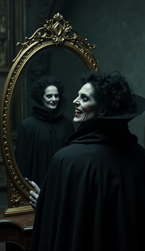 An evil witch holding a mirror in her hand