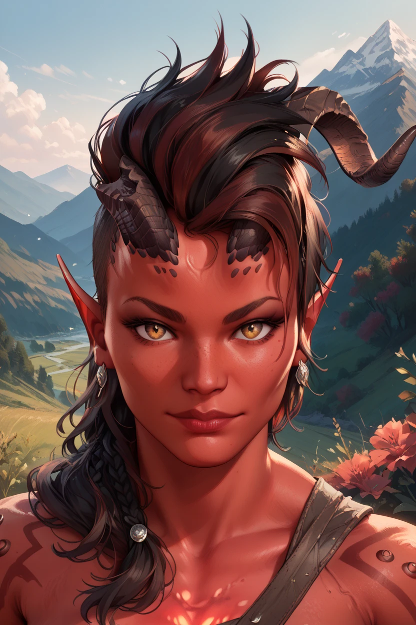 score_9, score_8_up, score_7_up, score_6_up
BGKarlach, 1girl, demon horns, black hair, red skin, looking at viewer, mountain trail, midday, clear and crisp light illuminating the landscape