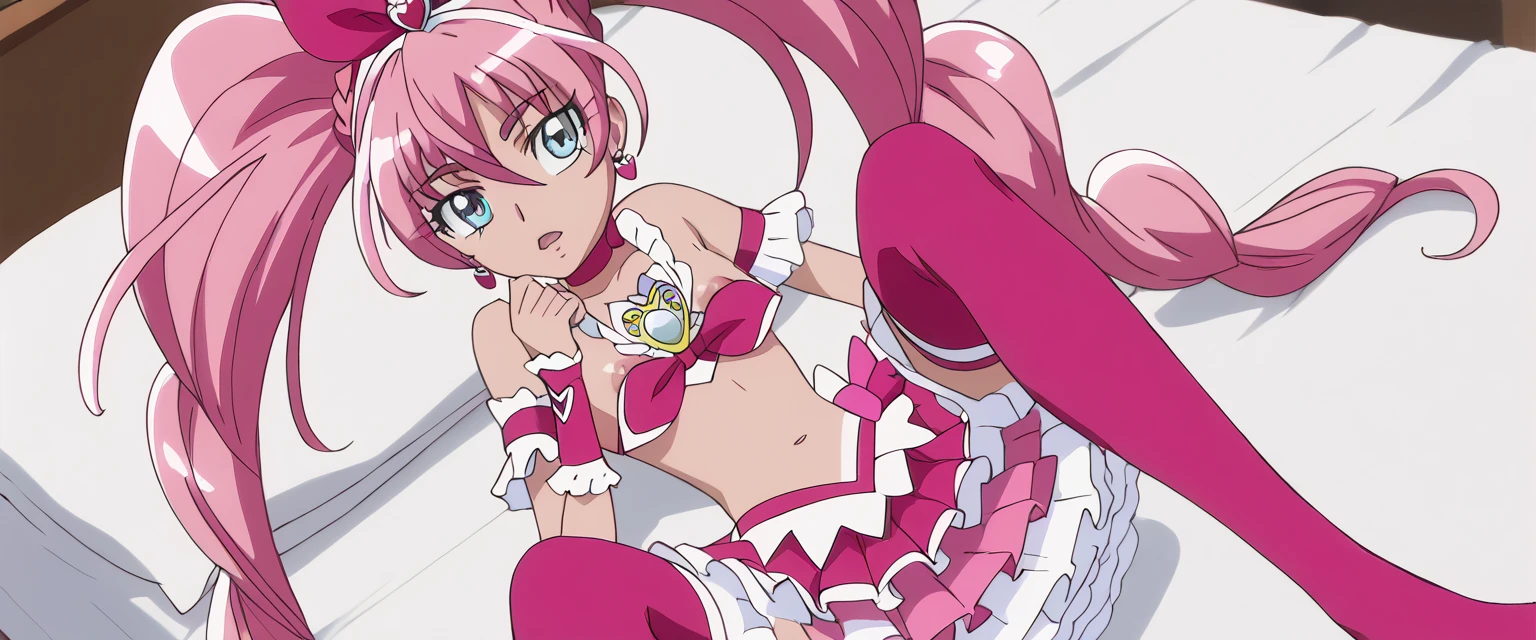 , tall, tall, The upper body is not wearing anything, The upper body is not wearing anything, The upper body is not wearing anything, Small breasts, Small breasts, Small breasts, cure beat, purple hair, side ponytail, high ponytail, very long hair, parted bangs, ahoge, yellow eyes, eyelashes, hairpin, hair ribbon, earrings, blue dress, frilled dress, puffy short sleeves, frilled sleeves, blue skirt, frilled skirt, layered skirt, Miniskirt, petticoat, wrist cuffs, arm warmers, blue neckwear, blue choker, brooch, blue legwear, blue thighhighs, blue footwear, knee boots, high heels, smile, topless, topless, topless, Nipples are visible, Nipples are visible, Nipples are visible, Large nipples, garden, tall, tall, The upper body is not wearing anything, The upper body is not wearing anything, The upper body is not wearing anything, Small breasts, Small breasts, Small breasts, high quality, high detail, beautiful, 8K, Detailed face, Detailed nipples,
