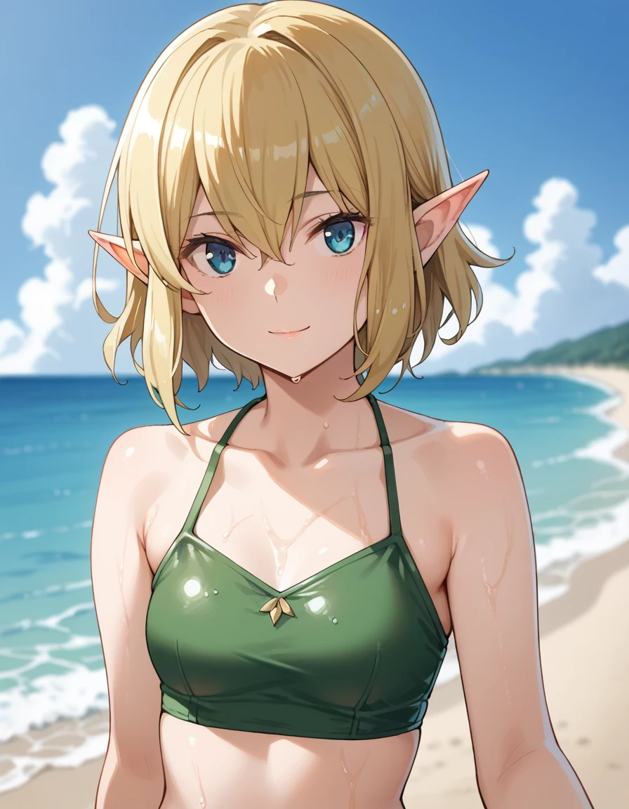 aesthetic,absurdres,anatomically correct,natural light, light rays, ray tracing, score_9, score_8_up, score_7_up,source_anime,anatomically correct,best perspective BREAK 1girl, <lora:rityulatestyle:1> rityulatestyle, blush, parted lips, medium breasts, bikini, by beach, upper teeth only, happy, waterdrop, by beach, sunlight, ocean, looking at viewer, cleavage, Sylphiette, green hair, small breasts, red eyes, ahoge, small hair, pointy ears, clear image,(masterpiece:1.2), easynegative, ng_deepnegative_v1_75t, best quality,<lora:guizhencaoXL-000018:1>, Expressiveh, verybadimagenegative_v1.3, high resolution, unity 8k wallpaper, extremely detailed face, extremely detailed CG, ( perfect hands, perfect anatomy, perfect eyes , five fingers)