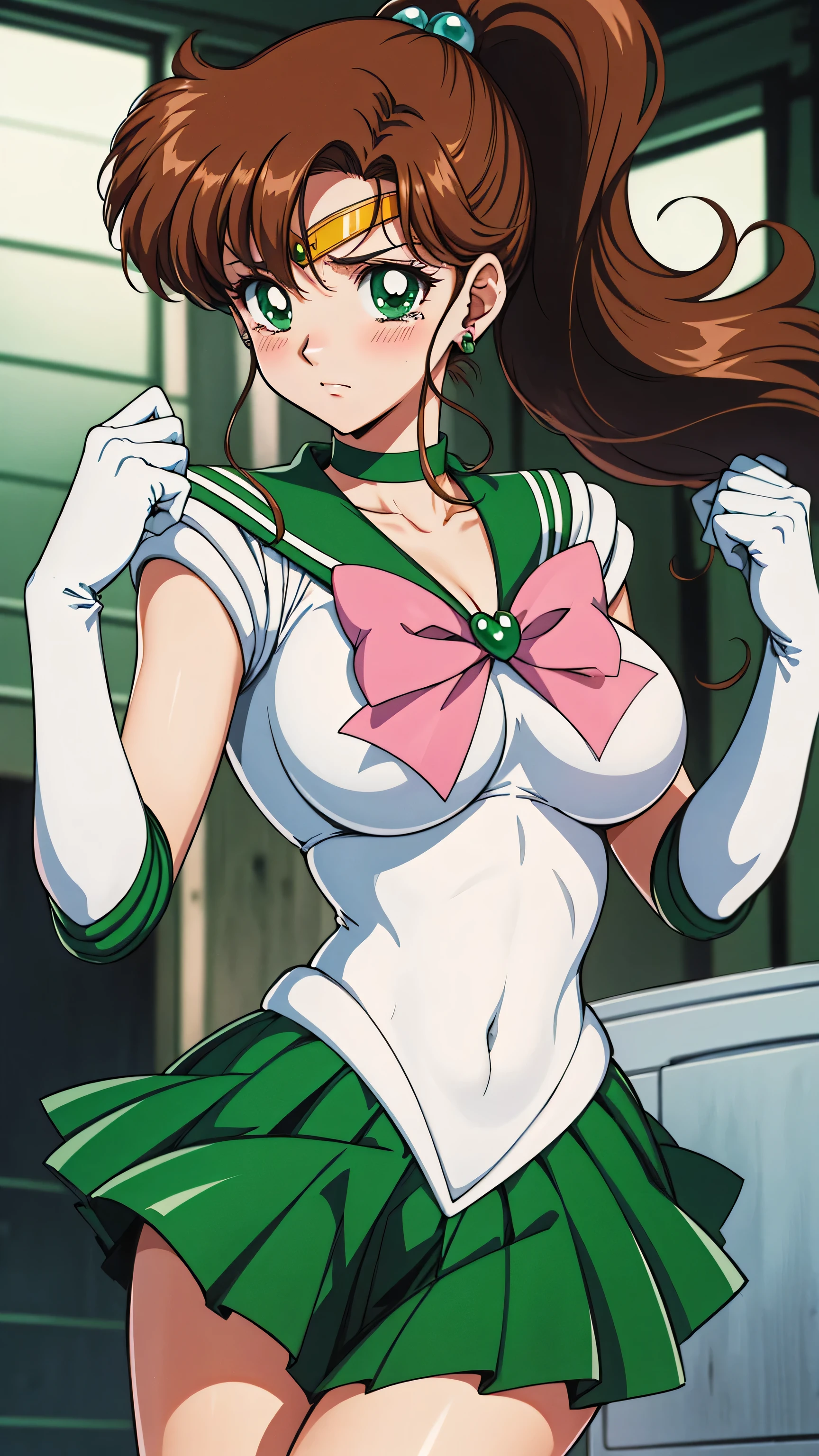 masterpiece, highest quality, High resolution, Jupiter, Green Eyes, ponytail, tiara, jewelry, Sailor Warrior Uniforms, Green sailor collar, choker, Elbow hand pockets, White gloves, Pink ribbon, brooch, White leotard, Embarrassed face, Open your mouth,View your viewers、(Retro Anime、Standing posture、Big Ass、Wide pelvis、White background、Angle from behind、Green Skirt)