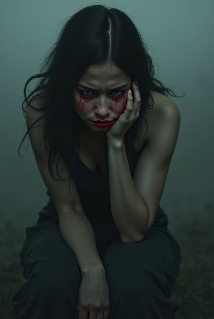 a person crying while covering face . this person has a lot of blood in their hands and has many wounds and their clothes were dirty and old