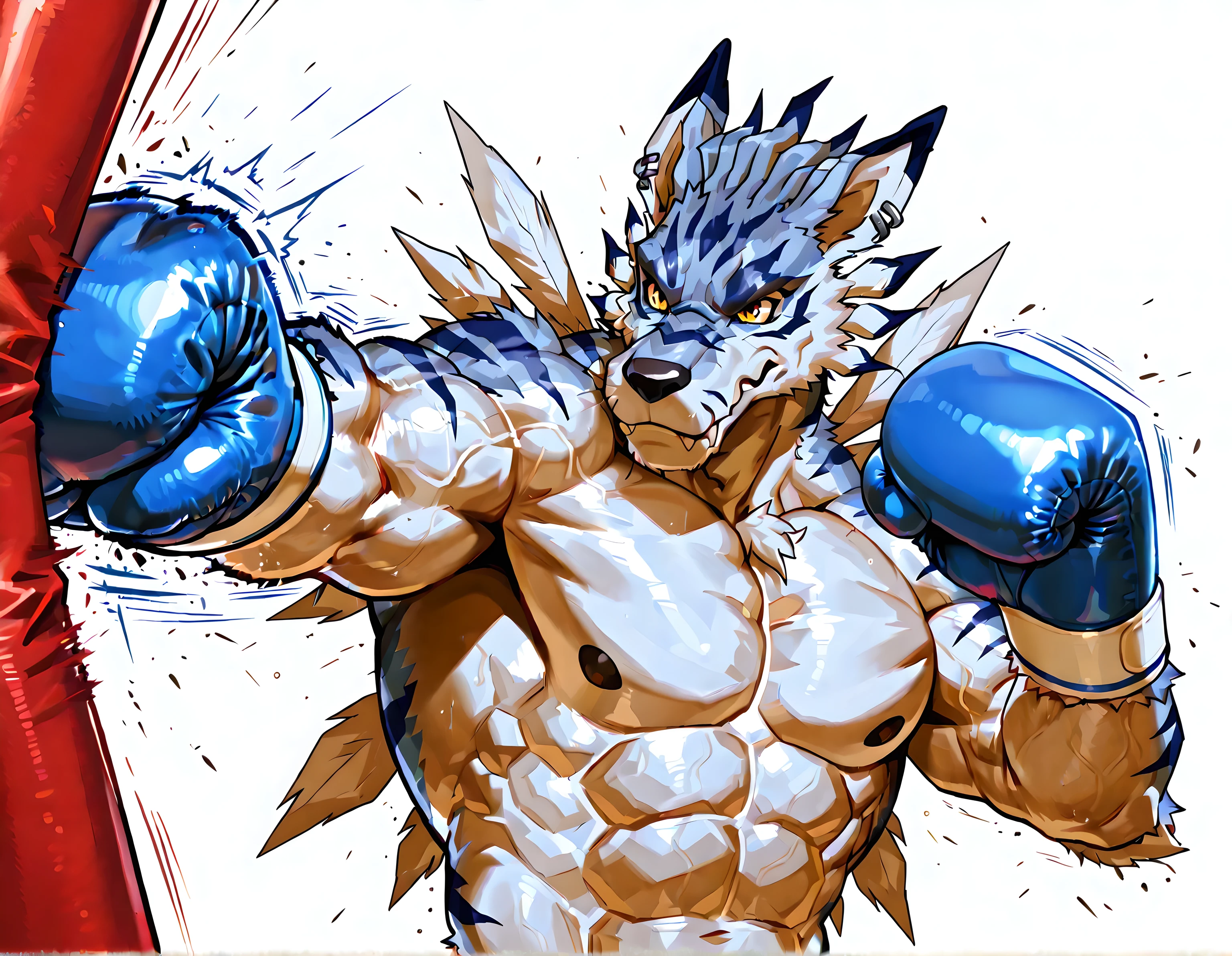 weregarurumon, high quality, male, solo, white background, no background, half body, very muscular, wearing blue boxing_gloves, pov_boxing, thick arms, heavweight body, punching bag, boxing gloves, punching, boxing, training, exercising, outstretched arm